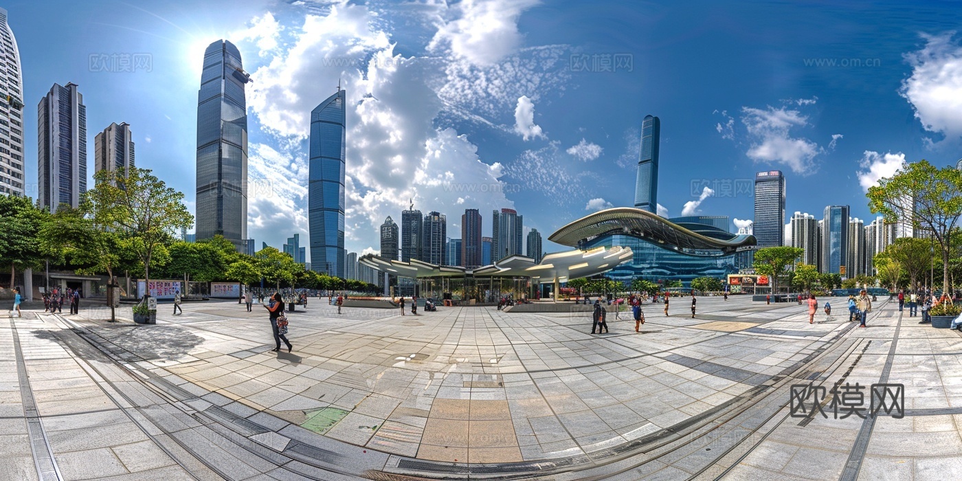 城市户外广场天际线全景