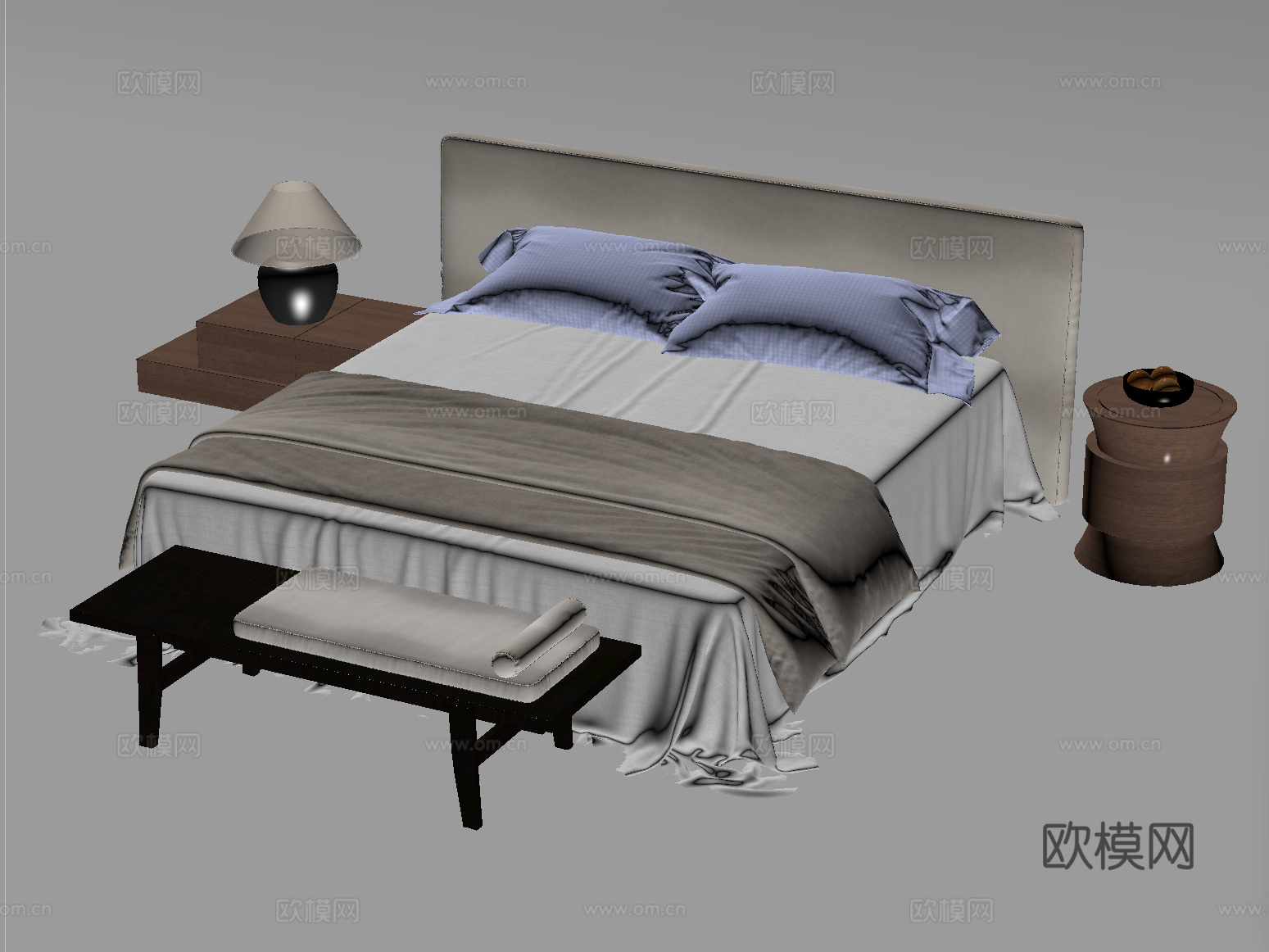 新中式双人床 布艺双人床 床尾凳 床头柜su模型