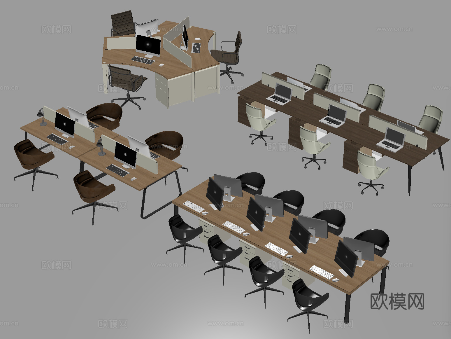 现代办公桌椅组合 职员工位 电脑桌su模型