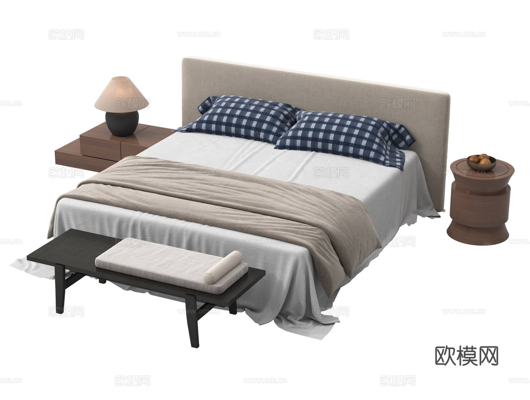 新中式双人床 布艺双人床 床尾凳 床头柜su模型