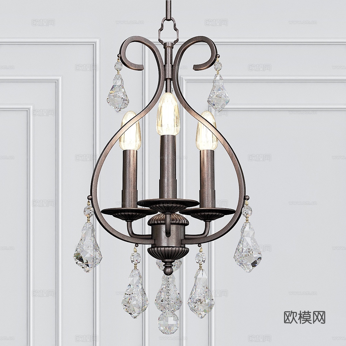 阿什顿三灯手工切割水晶迷你吊灯3d模型下载