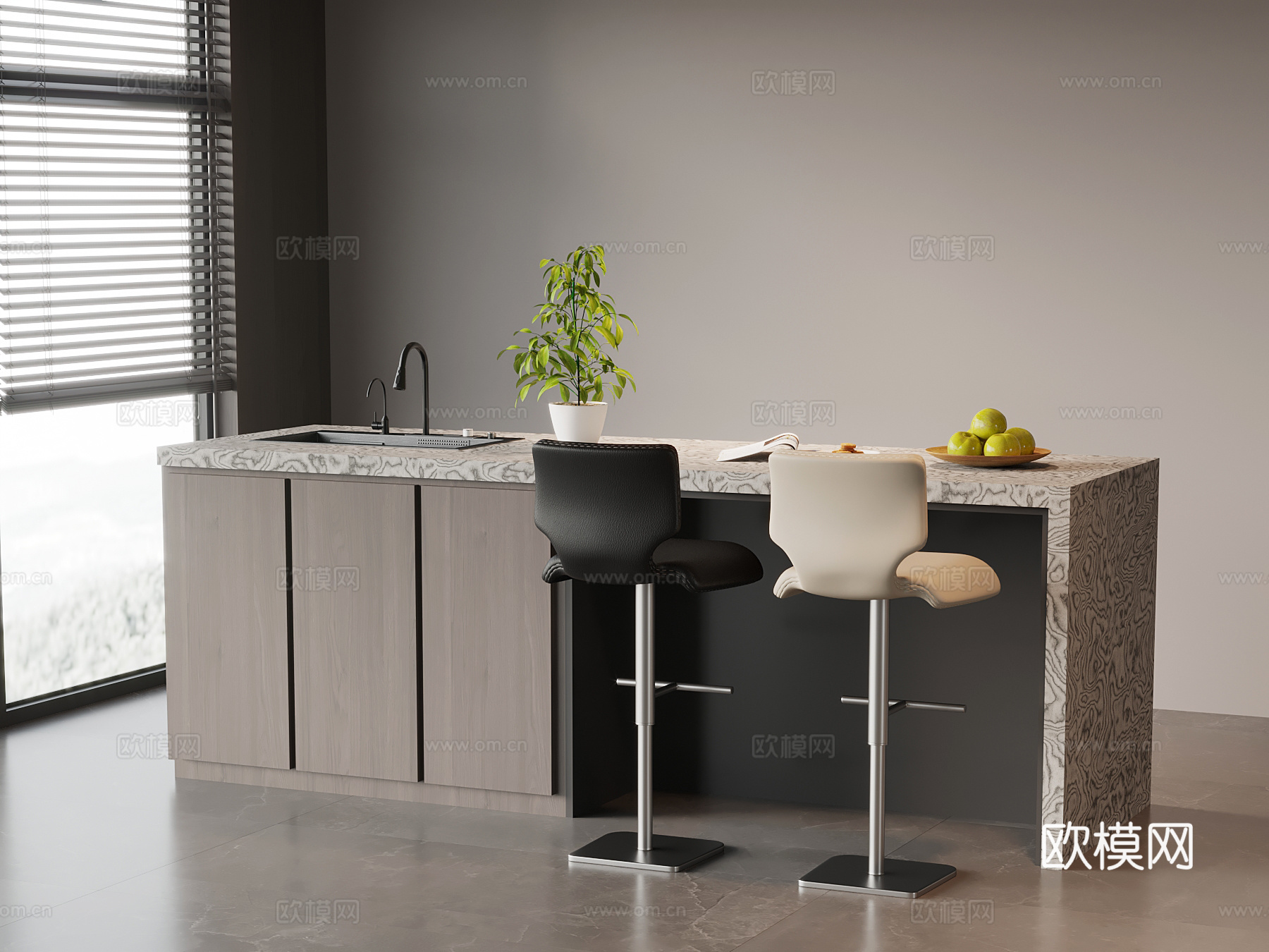现代意式岛台 餐桌椅 吧台su模型