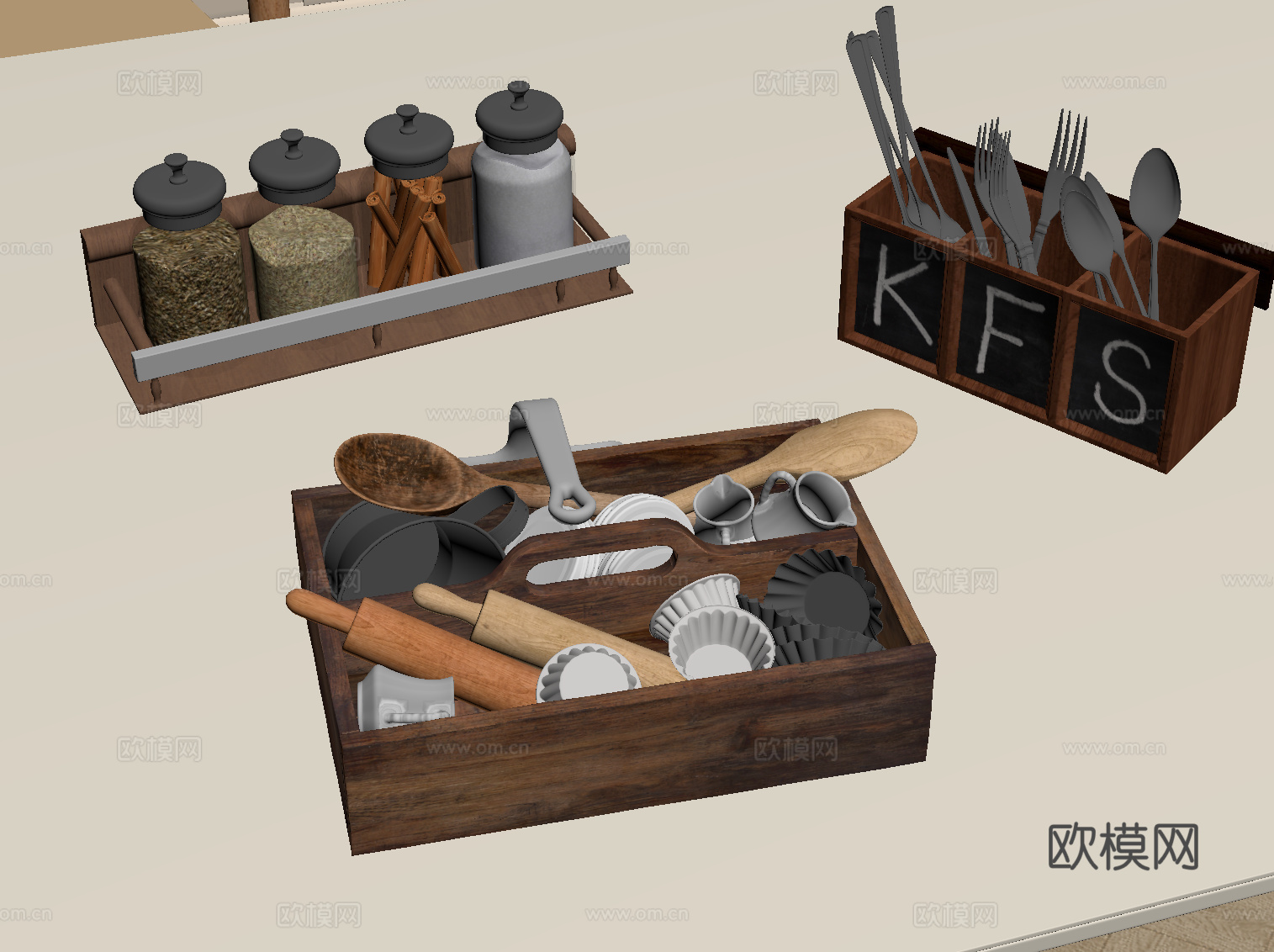 现代复古厨房器具 餐具 调料 置物架 收纳盒su模型