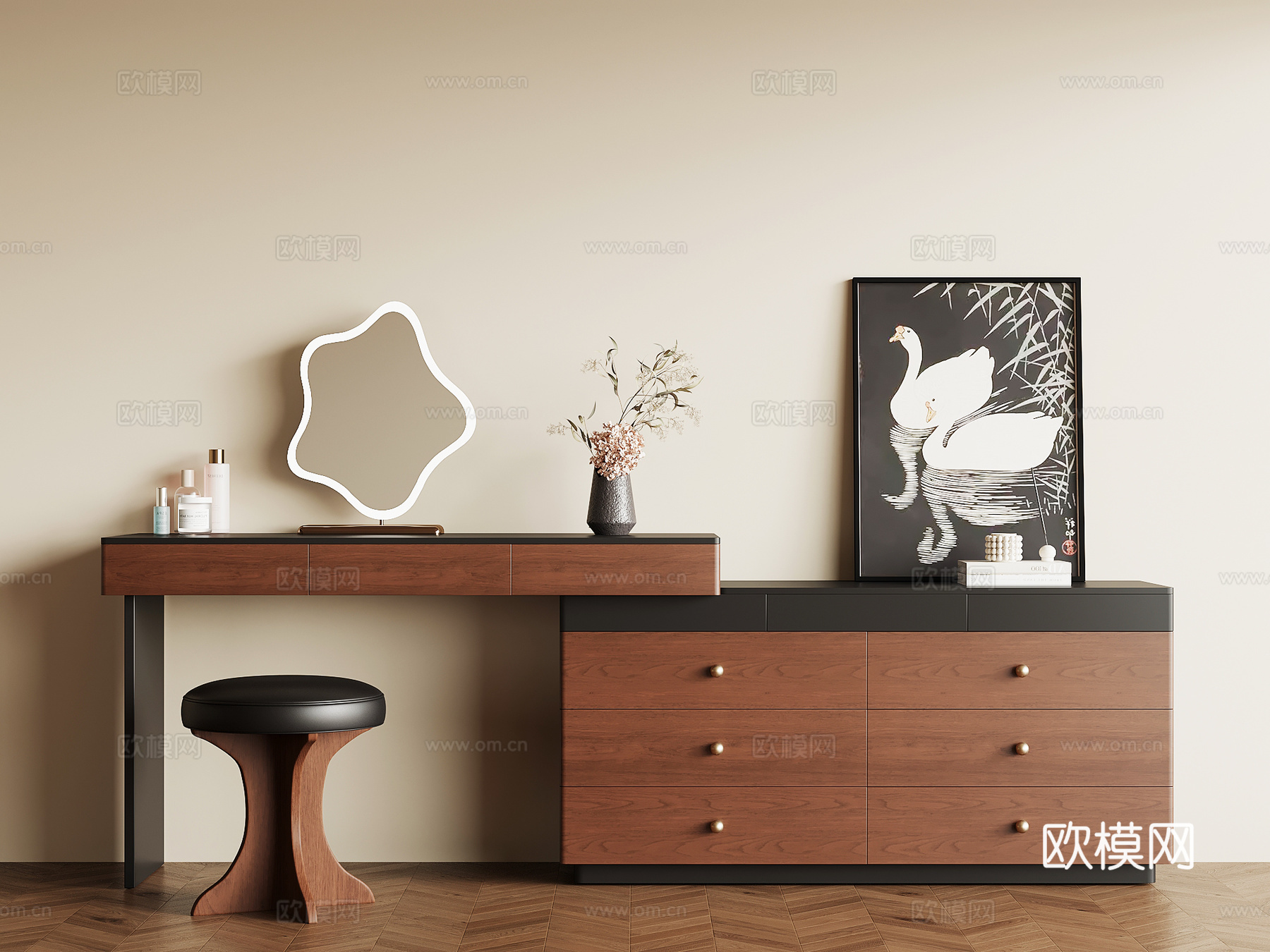 法式复古梳妆台 梳妆凳su模型