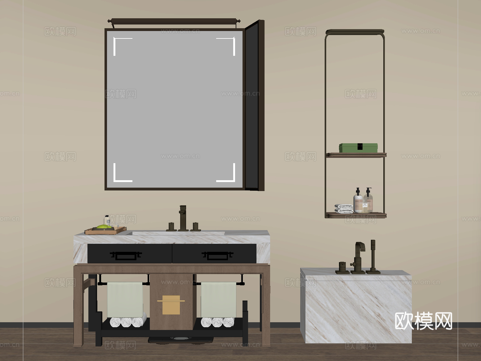 新中式浴室柜 洗手台 卫浴柜 镜子 卫浴小件su模型