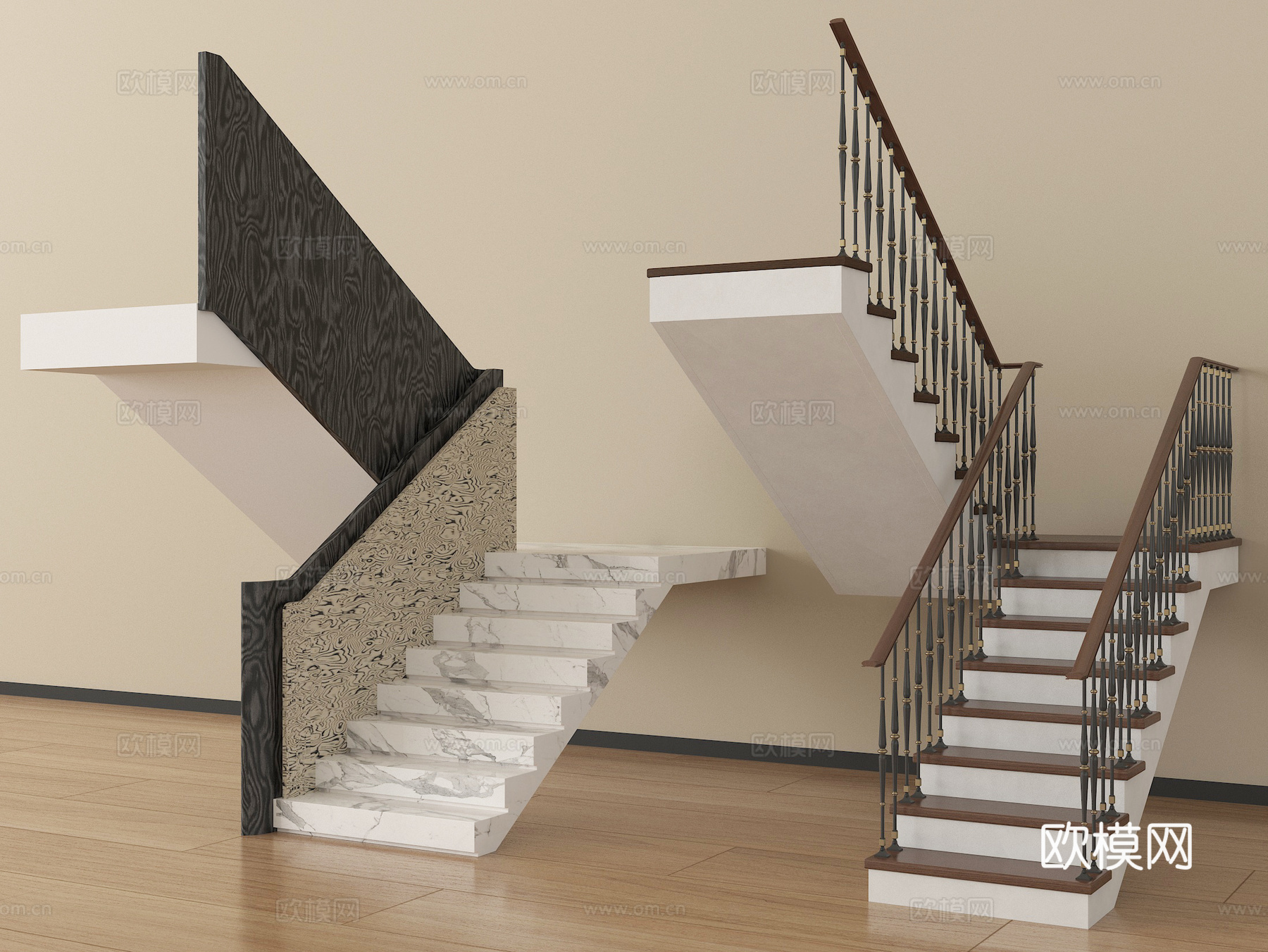 现代楼梯扶手梯 楼梯栏杆护栏 转角楼梯台阶梯级su模型