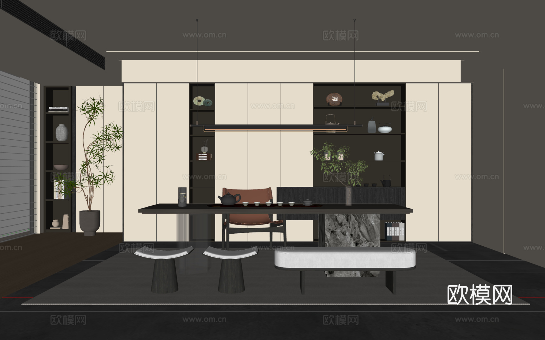 新中式茶室 茶桌椅 茶柜 吊灯 装饰柜 地毯su模型