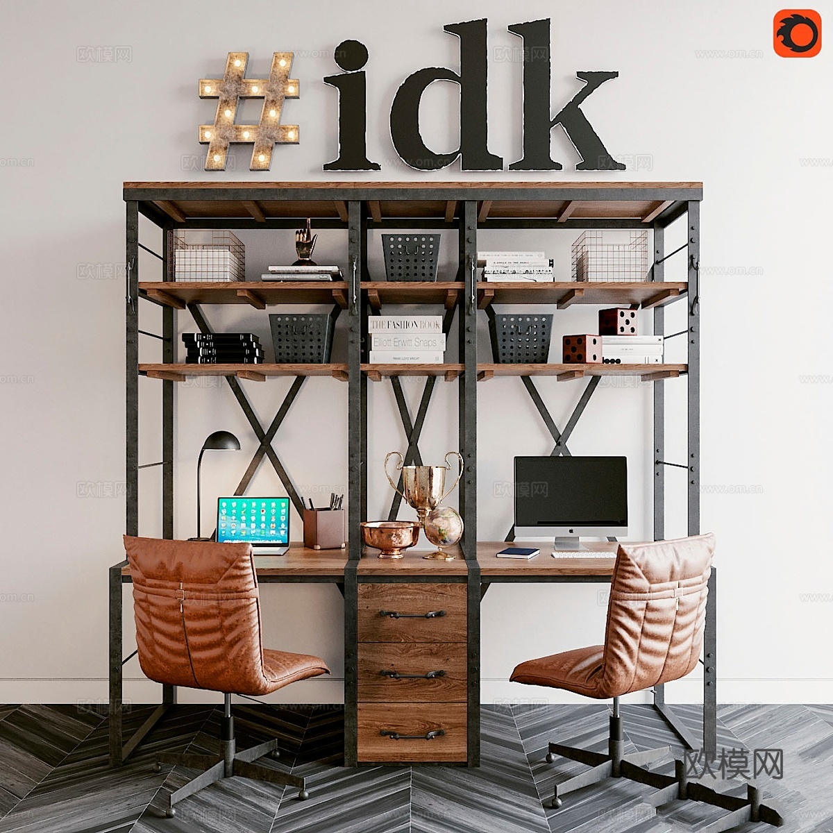 RH法式图书馆双人书桌3d模型下载