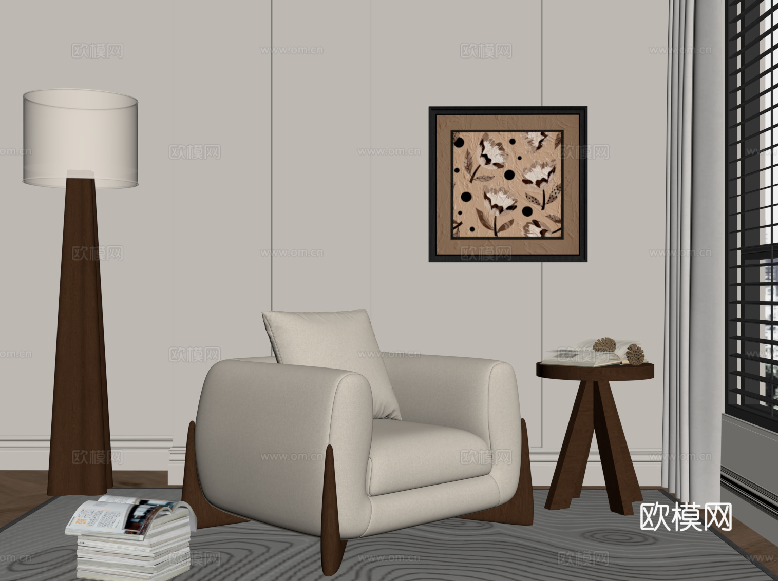法式中古单人沙发 休闲沙发 落地灯 边几 挂画su模型