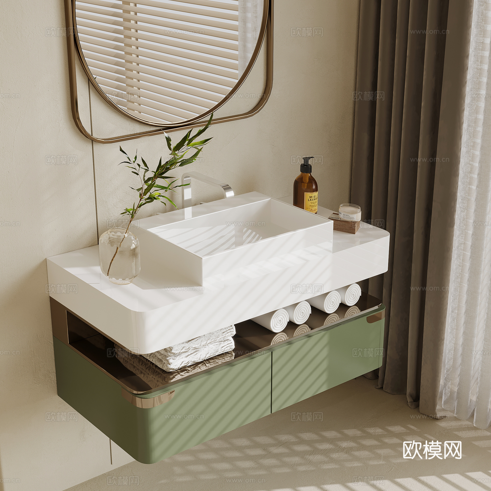 现代奶油风浴室柜 洗手台 镜子su模型