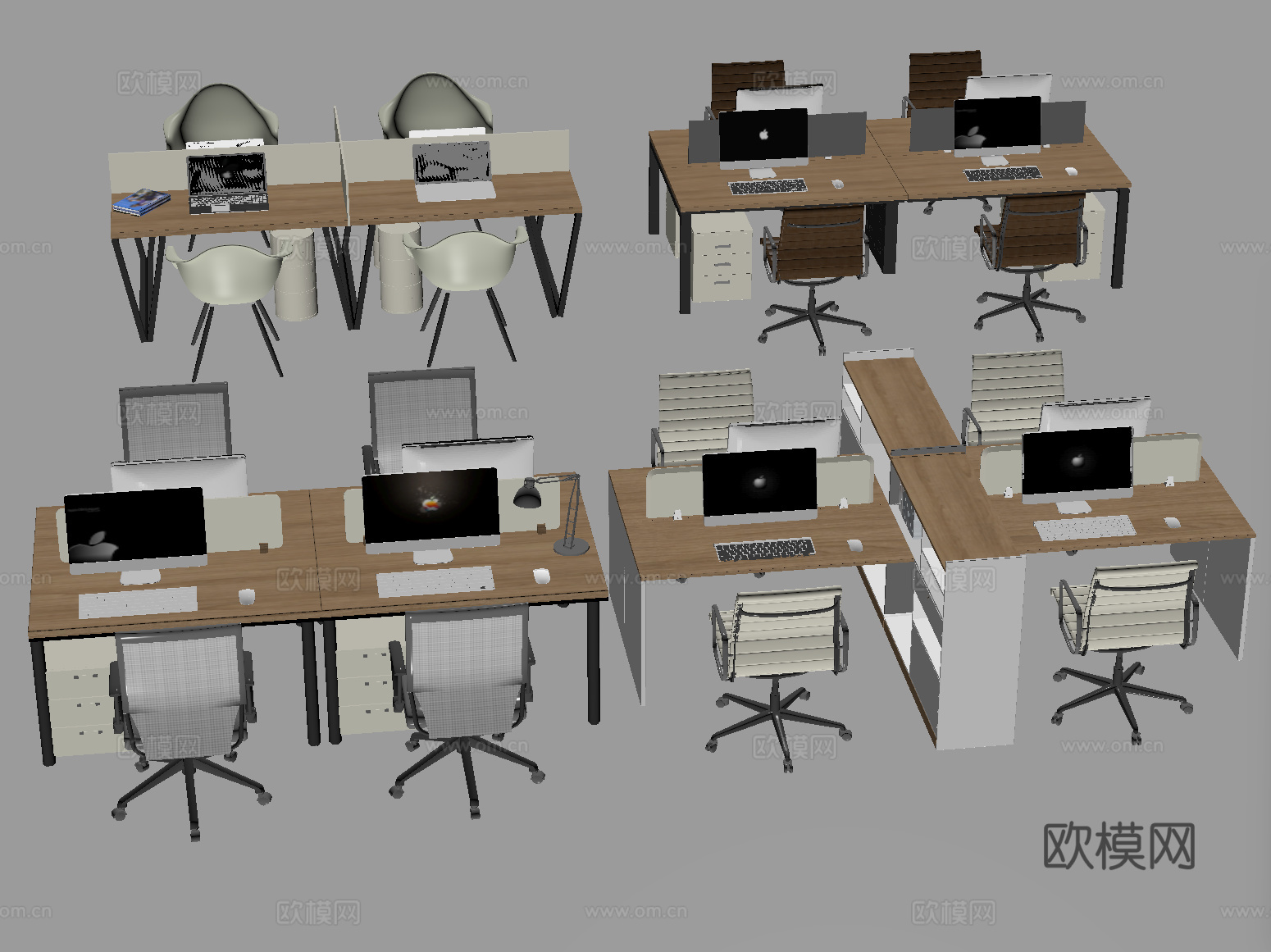 现代办公桌椅组合 职员工位 电脑桌su模型