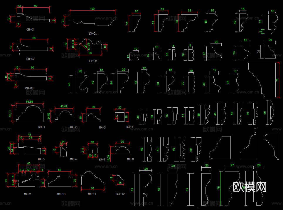 踢脚线天花脚线门套线石膏线条CAD图库cad施工图下载（渲染图2）