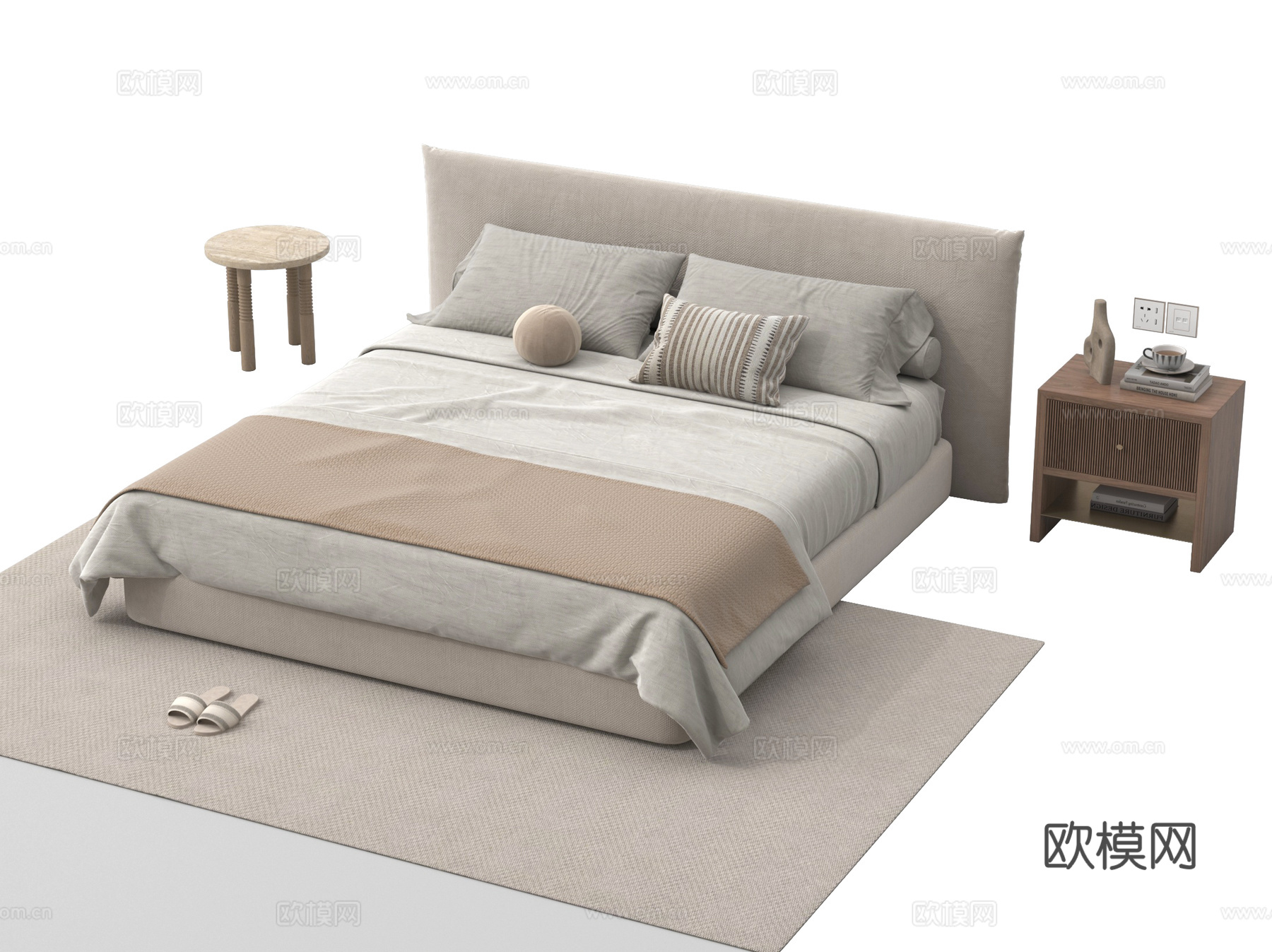 现代双人床 布艺双人床 床头柜 床品 地毯su模型