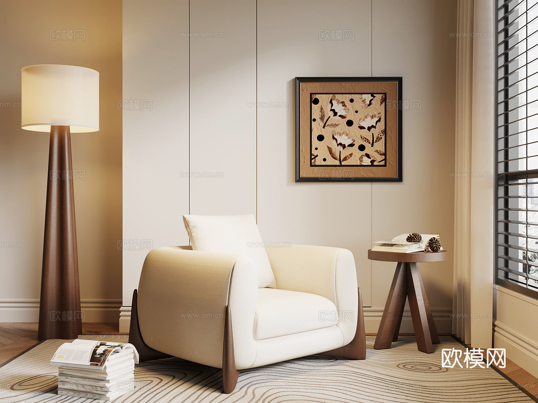 法式中古单人沙发 休闲沙发 落地灯 边几 挂画3d模型下载