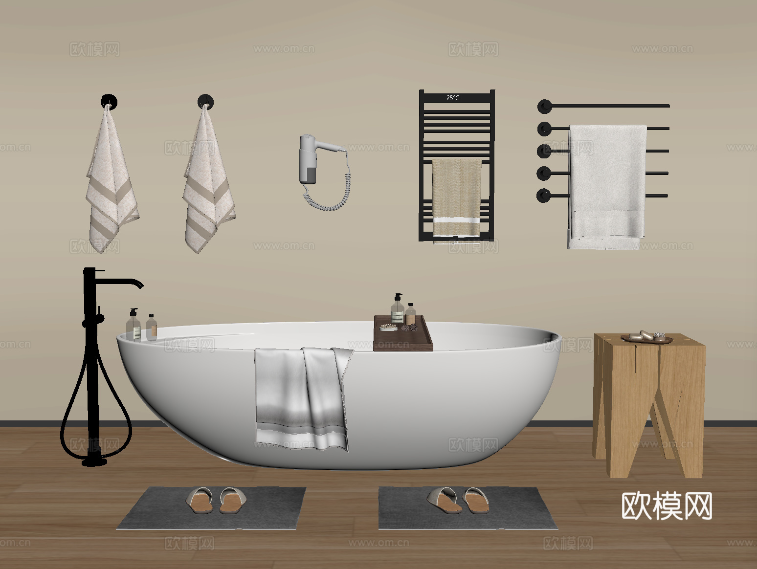 现代浴缸 毛巾架  一体式浴缸 洗浴用品su模型
