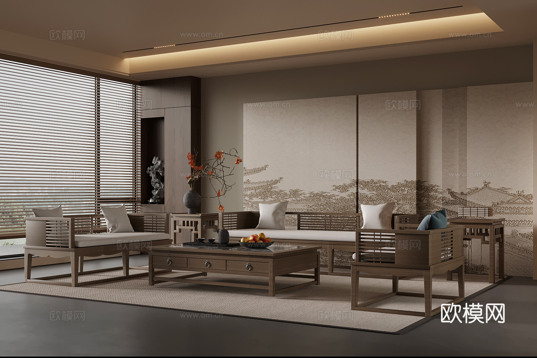 新中式沙发茶几组合su模型