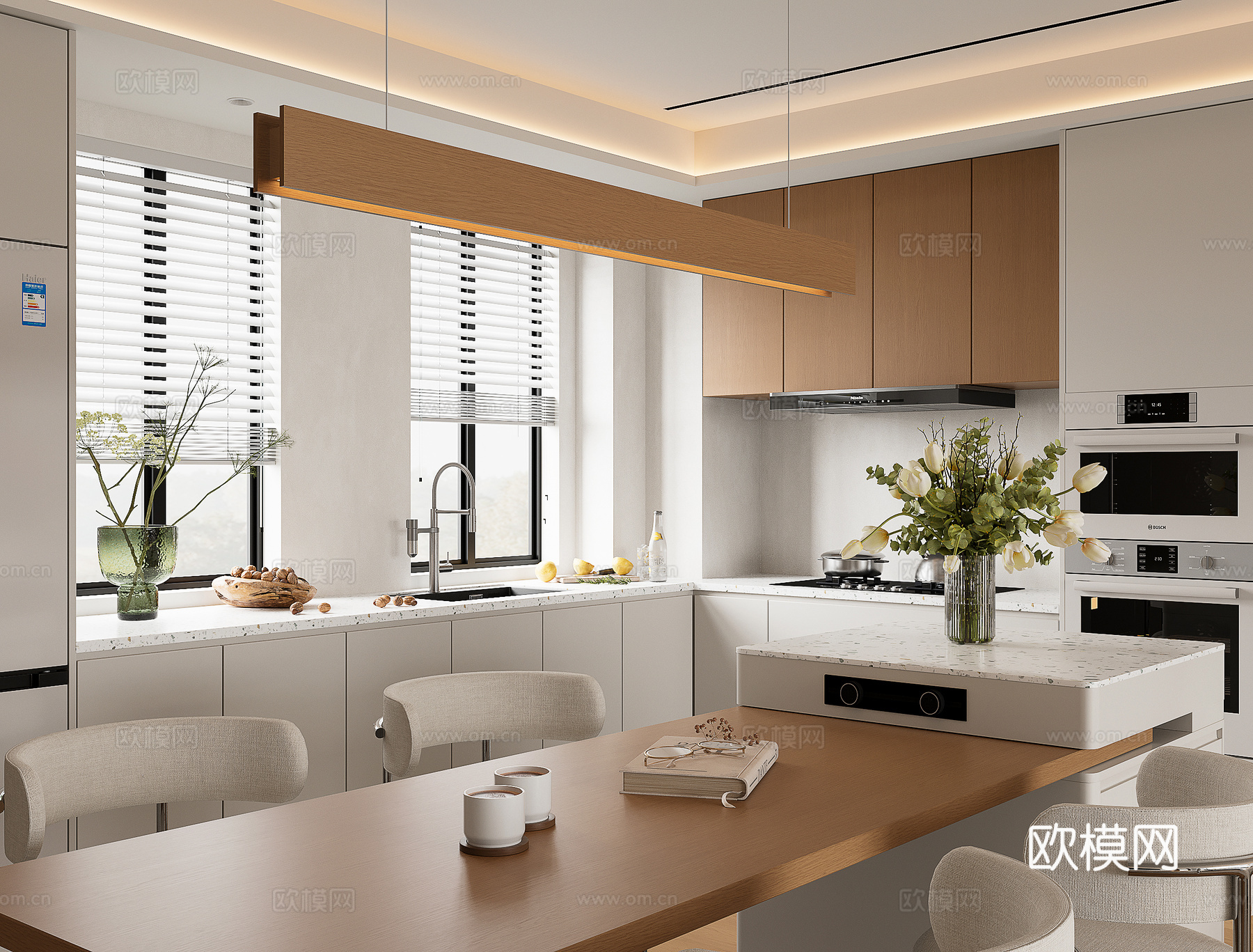 原木风开放式厨房岛台餐厅su模型