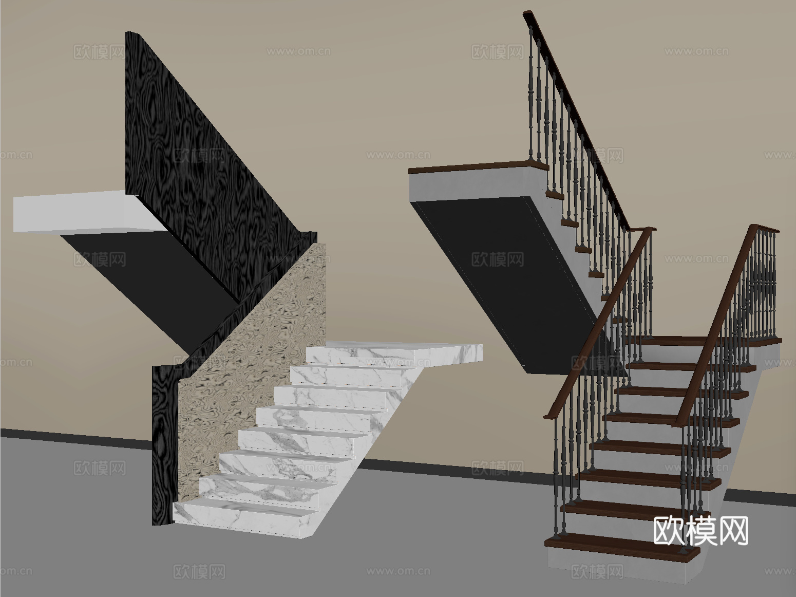 现代楼梯扶手梯 楼梯栏杆护栏 转角楼梯台阶梯级su模型