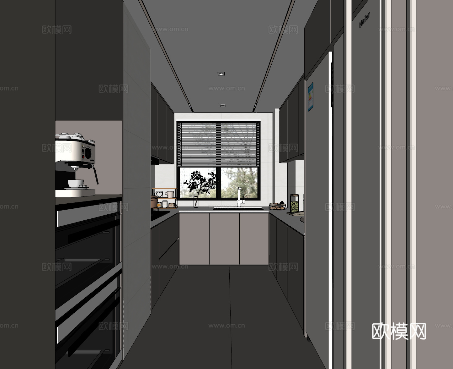 现代极简U型厨房su模型下载（渲染图2）