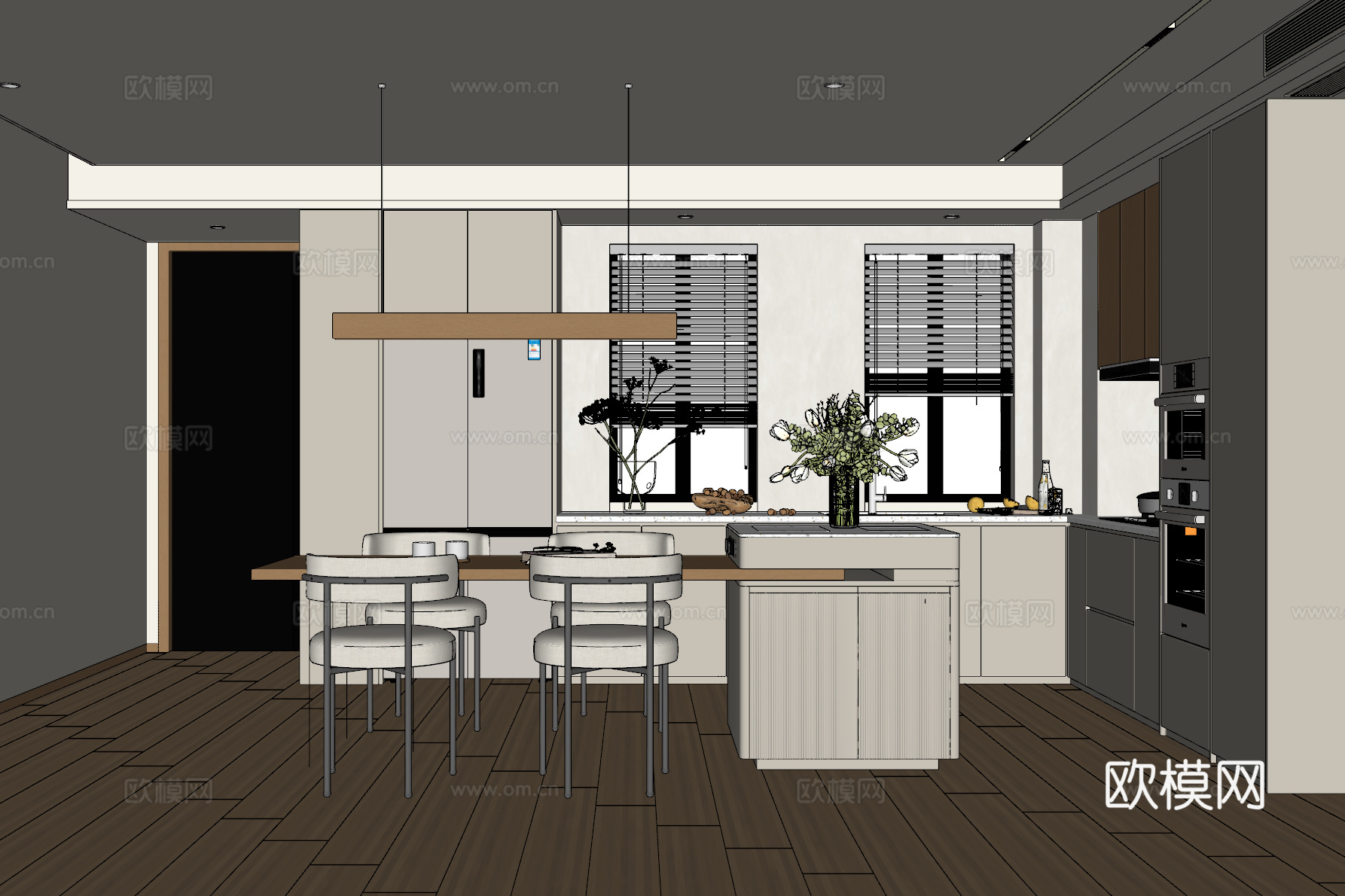 原木风开放式厨房岛台餐厅su模型