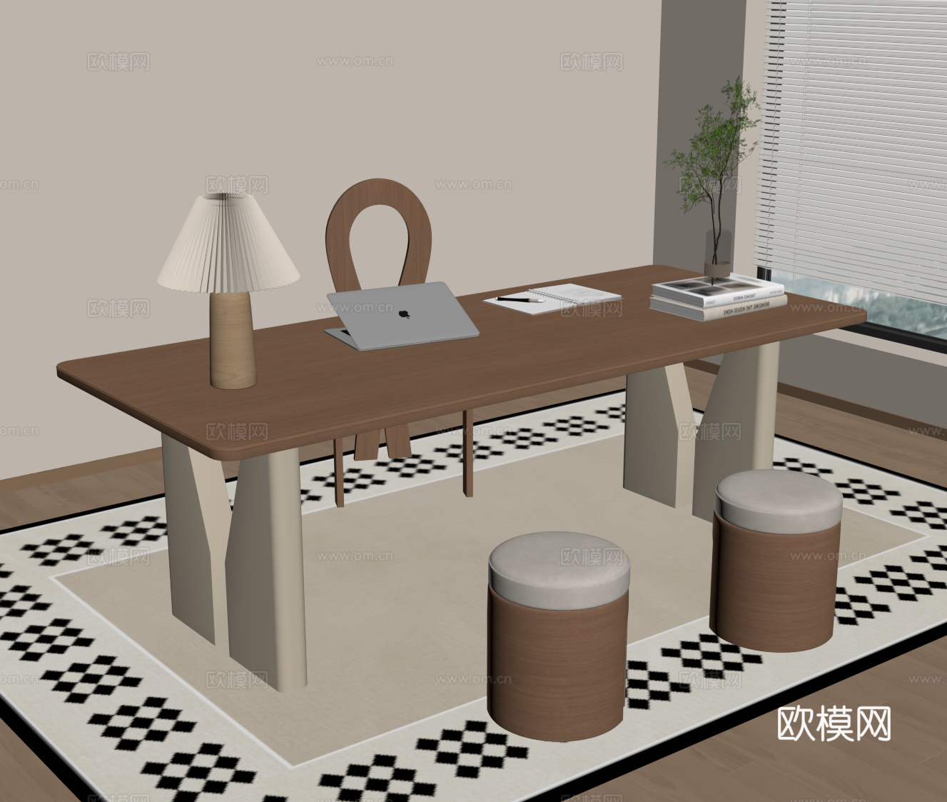 现代奶油书桌椅su模型