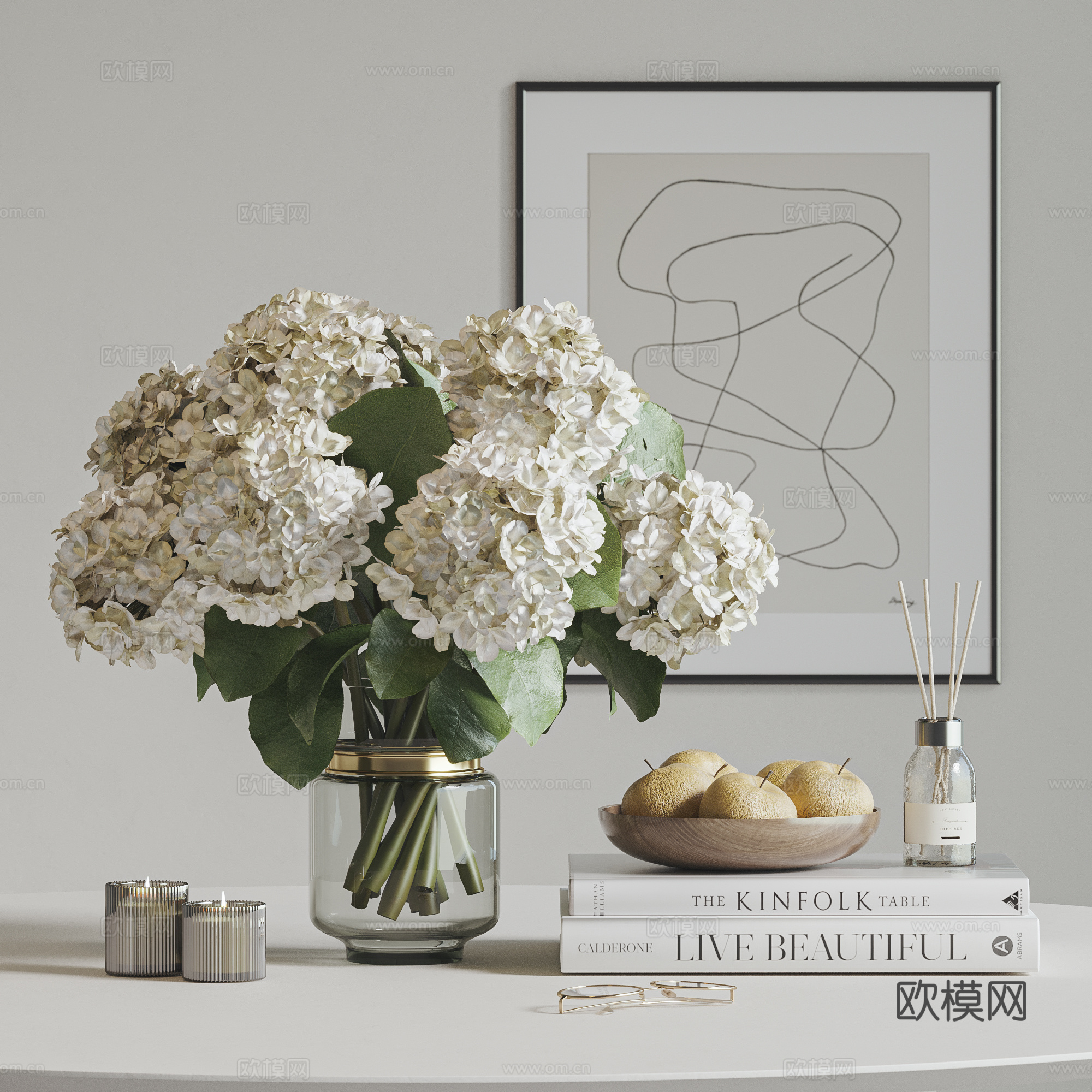 现代饰品摆件组合 花瓶花艺 书籍 挂画 果盘 书籍 香薰su模型
