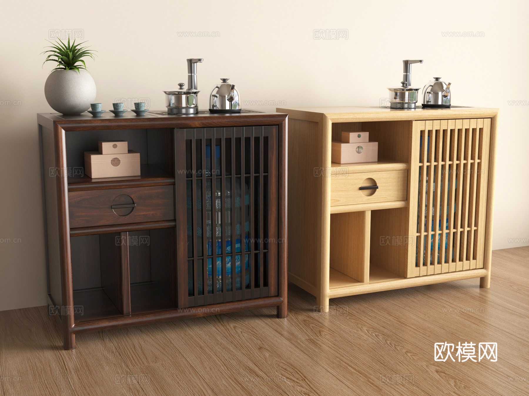 新中式茶柜 茶水柜 茶壶 茶具su模型