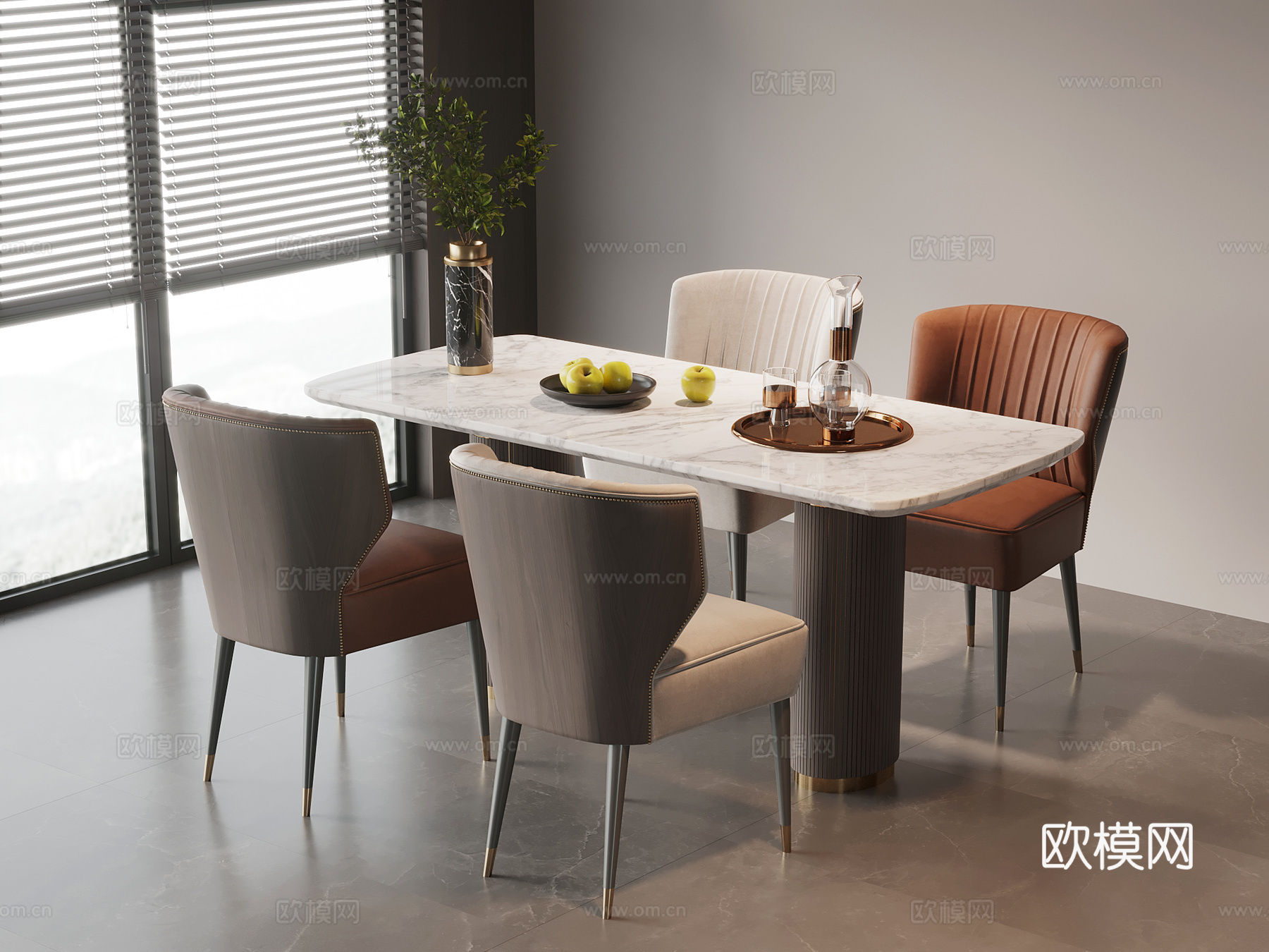 现代意式餐桌椅 大理石餐桌su模型
