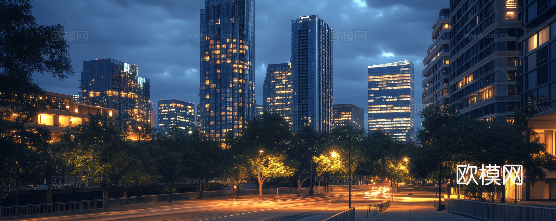现代城市高楼建筑道路夜景