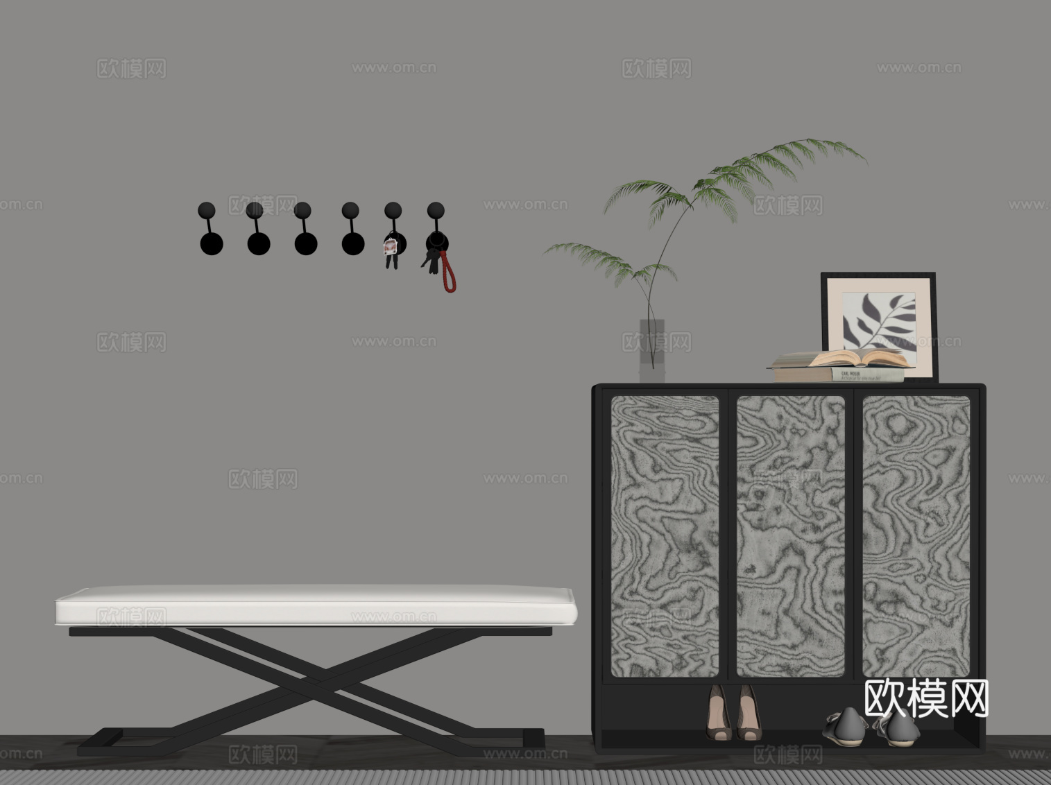 现代意式鞋柜 换鞋凳 挂衣钩su模型