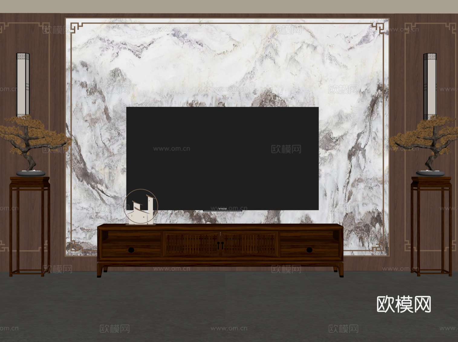 新中式电视柜 电视背景墙su模型