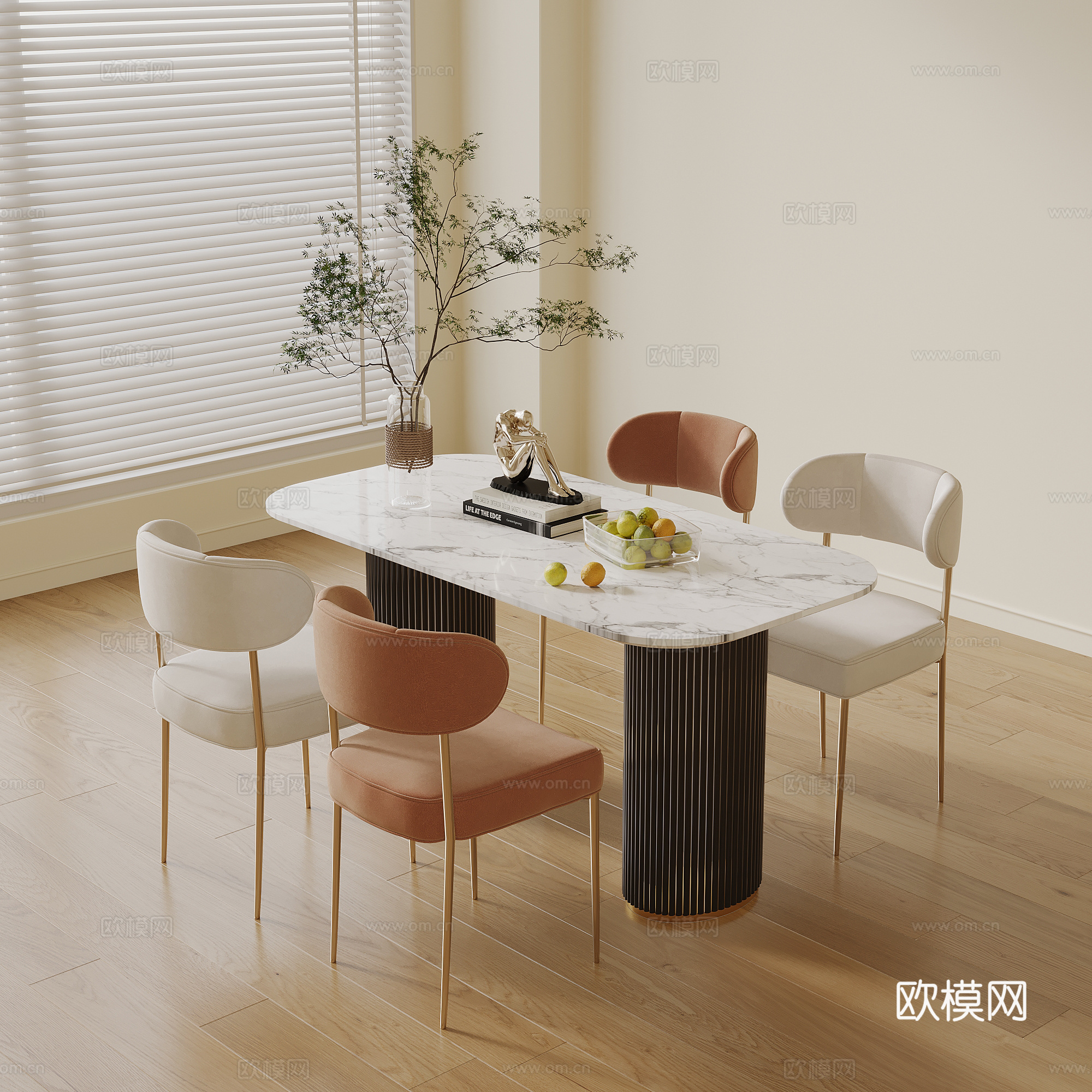 现代奶油风餐桌椅su模型