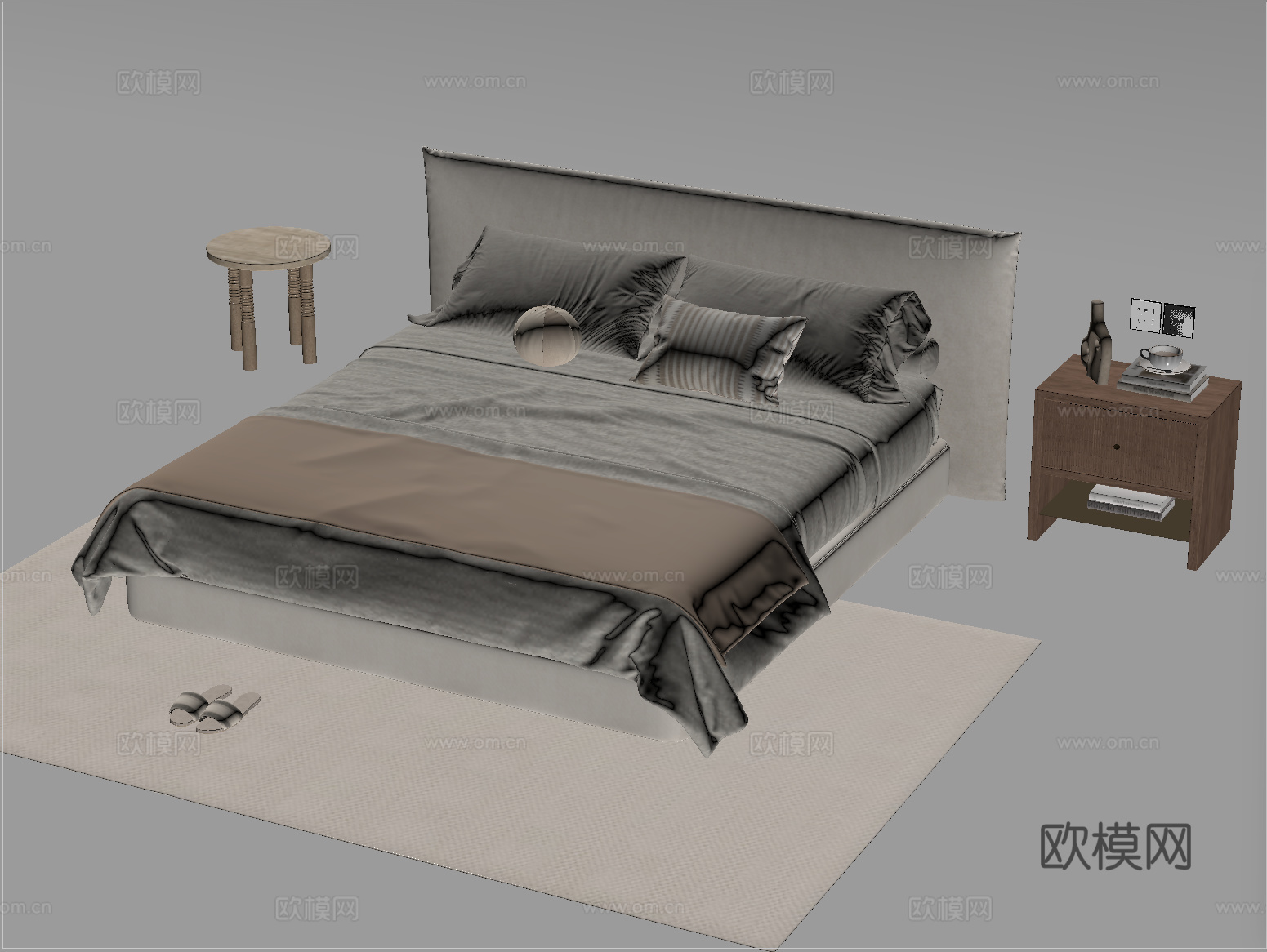 现代双人床 布艺双人床 床头柜 床品 地毯su模型