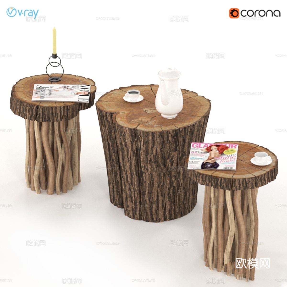 树桩与板材组合咖啡桌（木腿款）3d模型下载