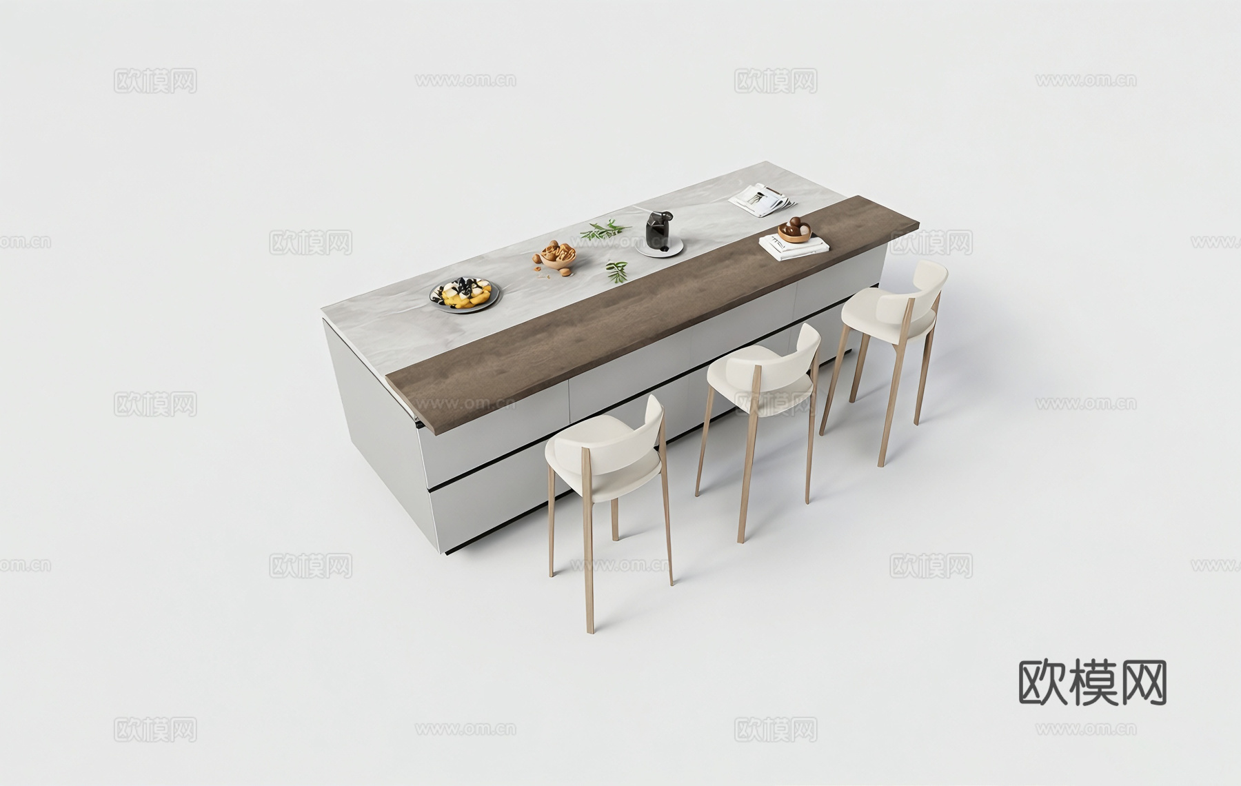 现代简约厨房岛台 拼接台面 岛台 大理石 木质su模型