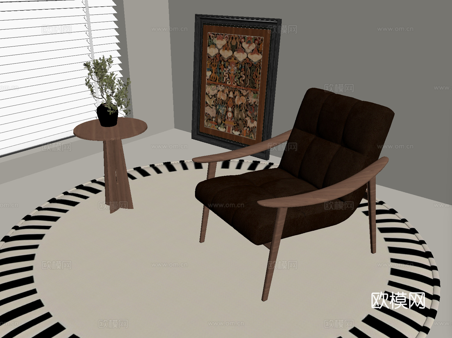 中古风休闲椅 单椅 单人沙发 小几su模型