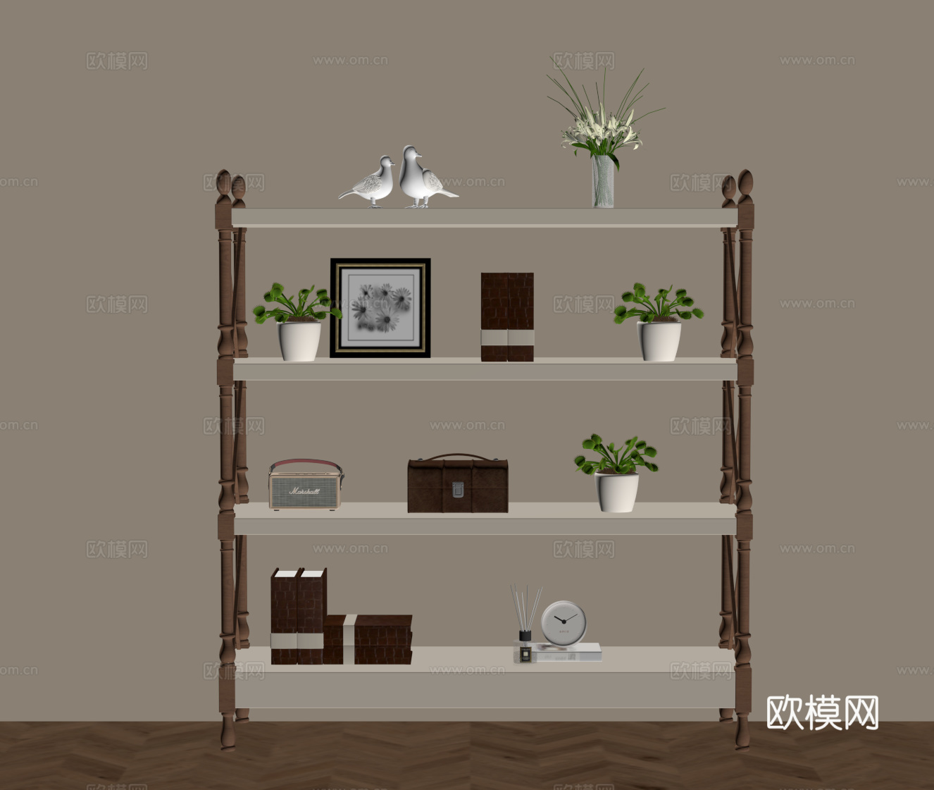 现代中古置物架 书架 奶油风花架su模型