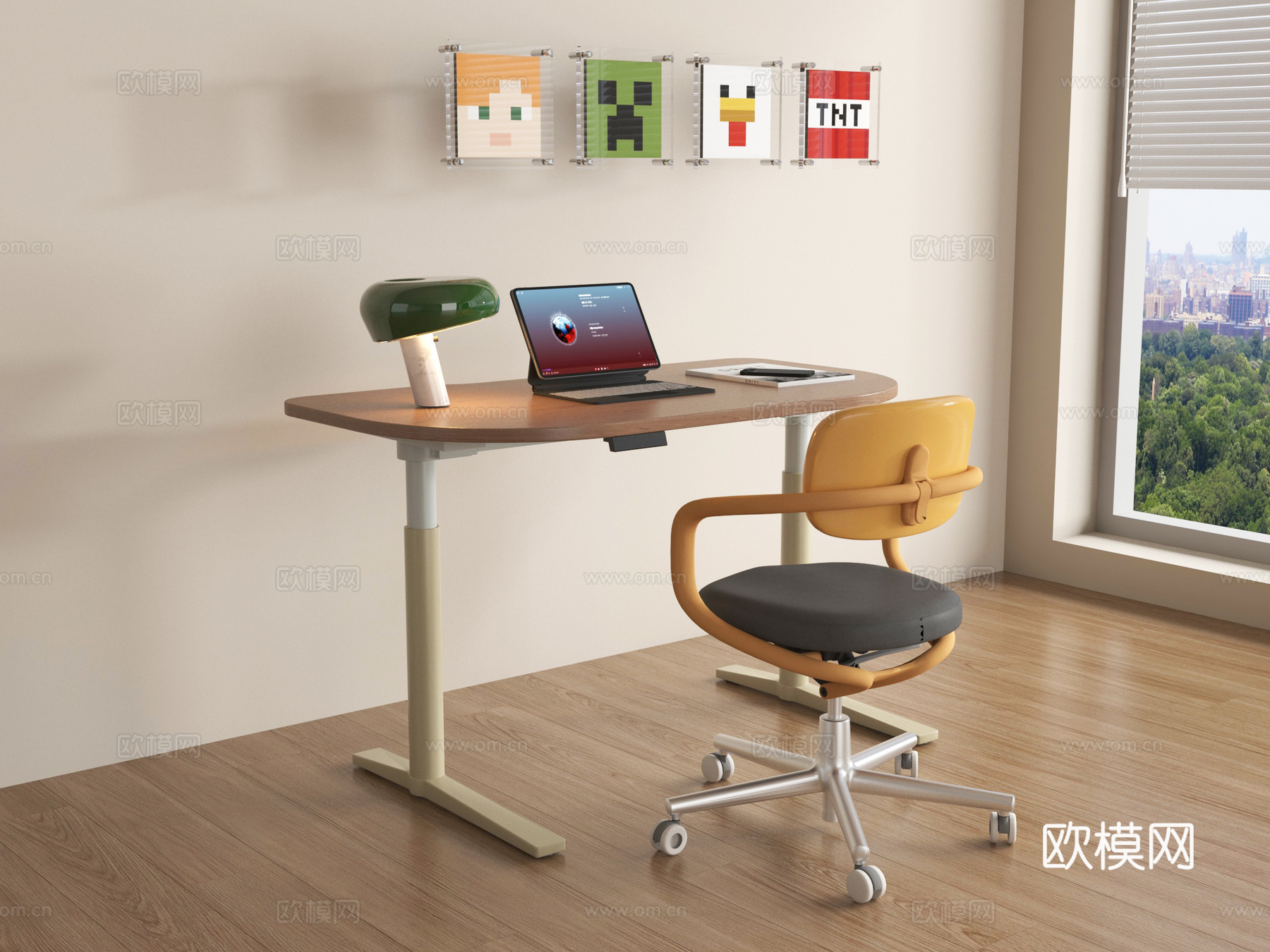 现代书桌椅 儿童书桌椅 电脑 台灯摆件su模型