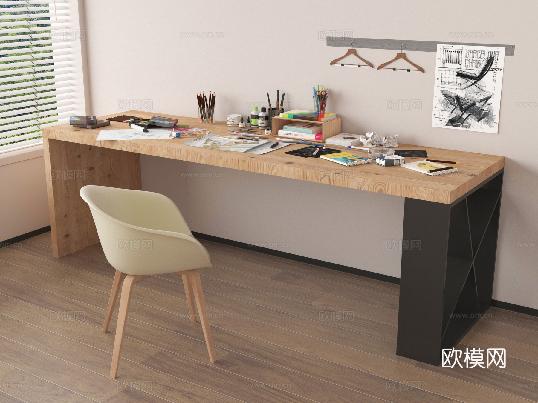 现代书桌椅组合 书籍 摆件su模型