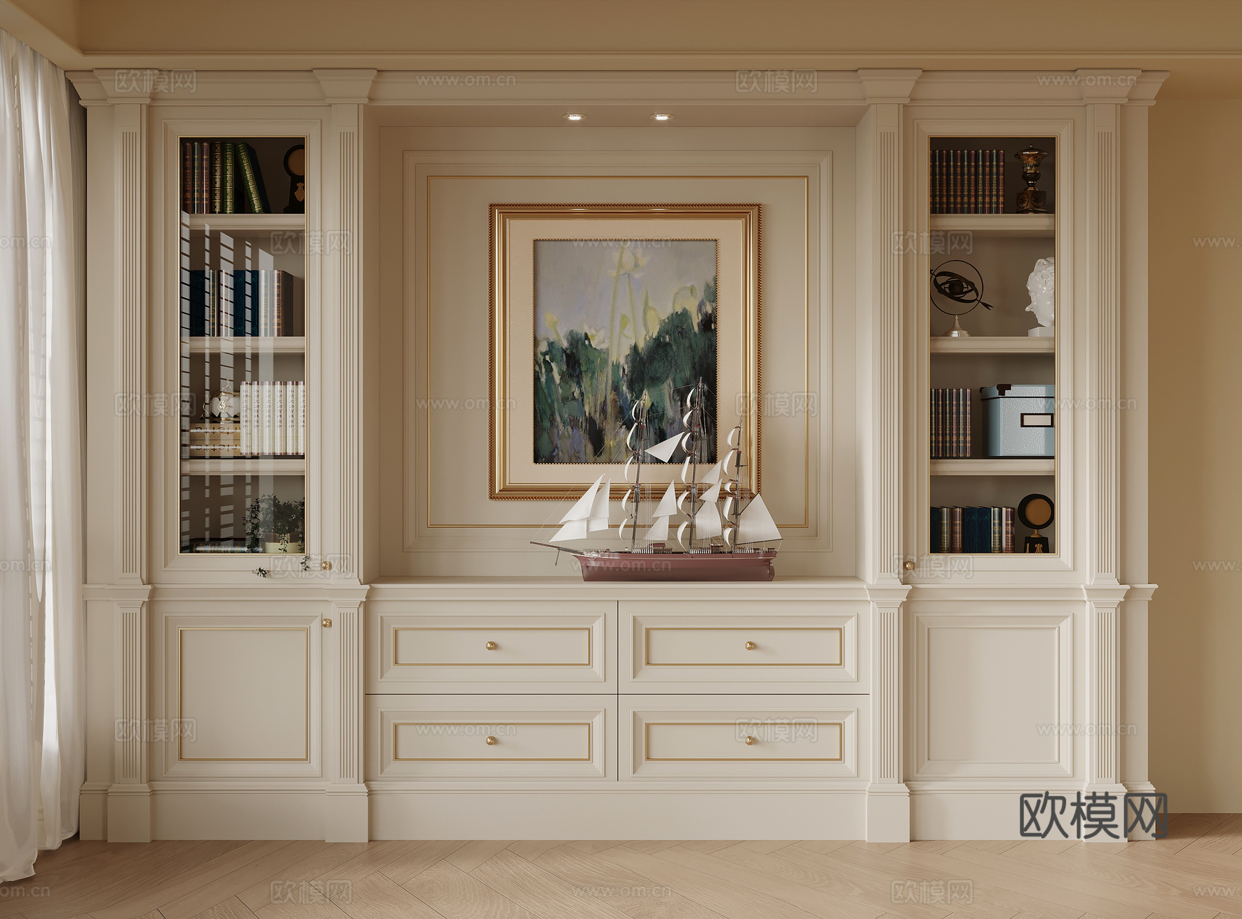 法式奶油风书柜 边柜su模型