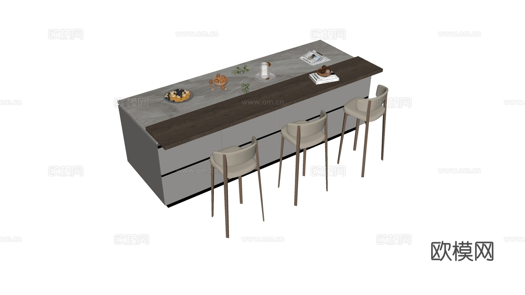 现代简约厨房岛台 拼接台面 岛台 大理石 木质su模型