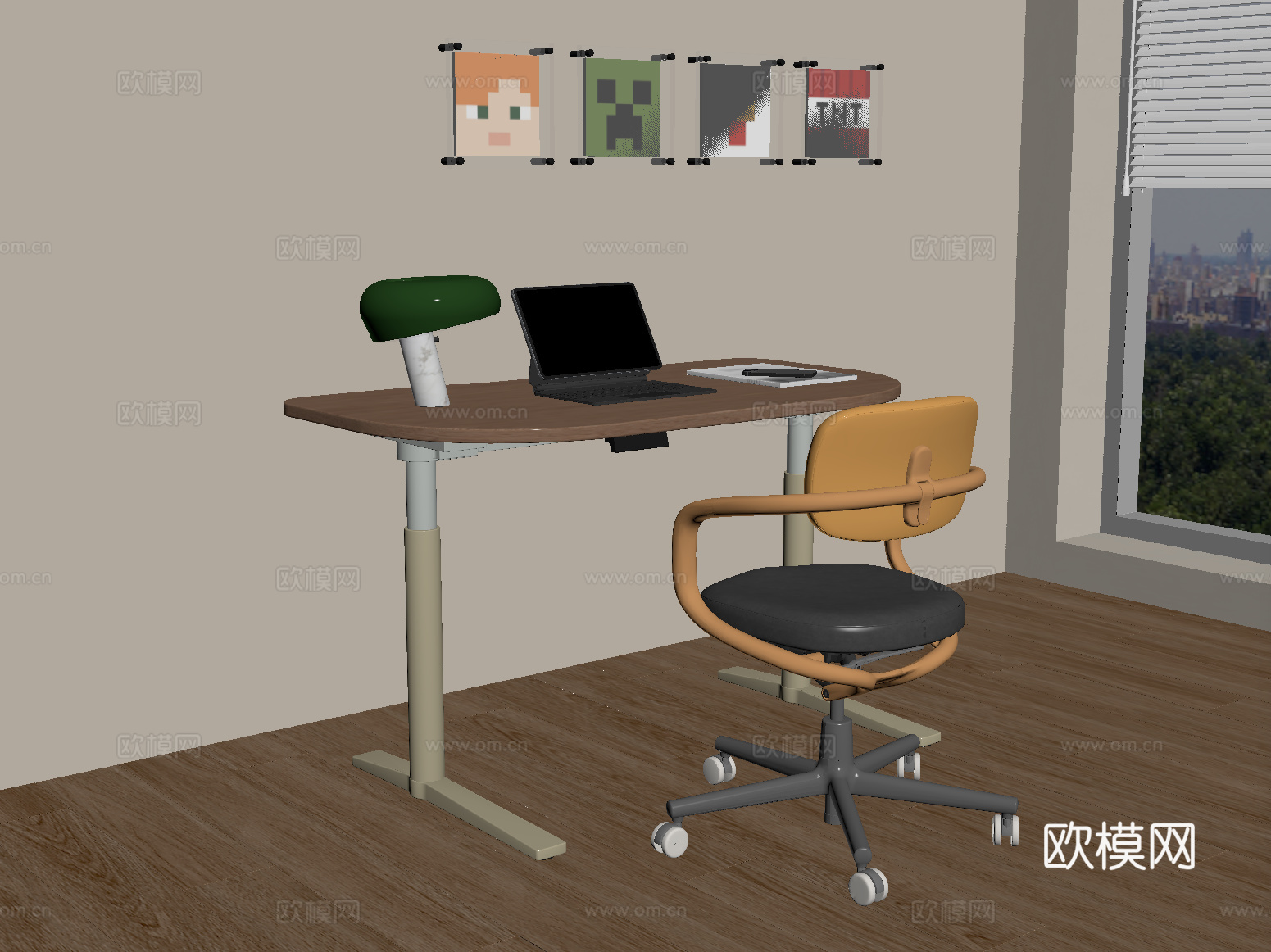 现代书桌椅 儿童书桌椅 电脑 台灯摆件su模型