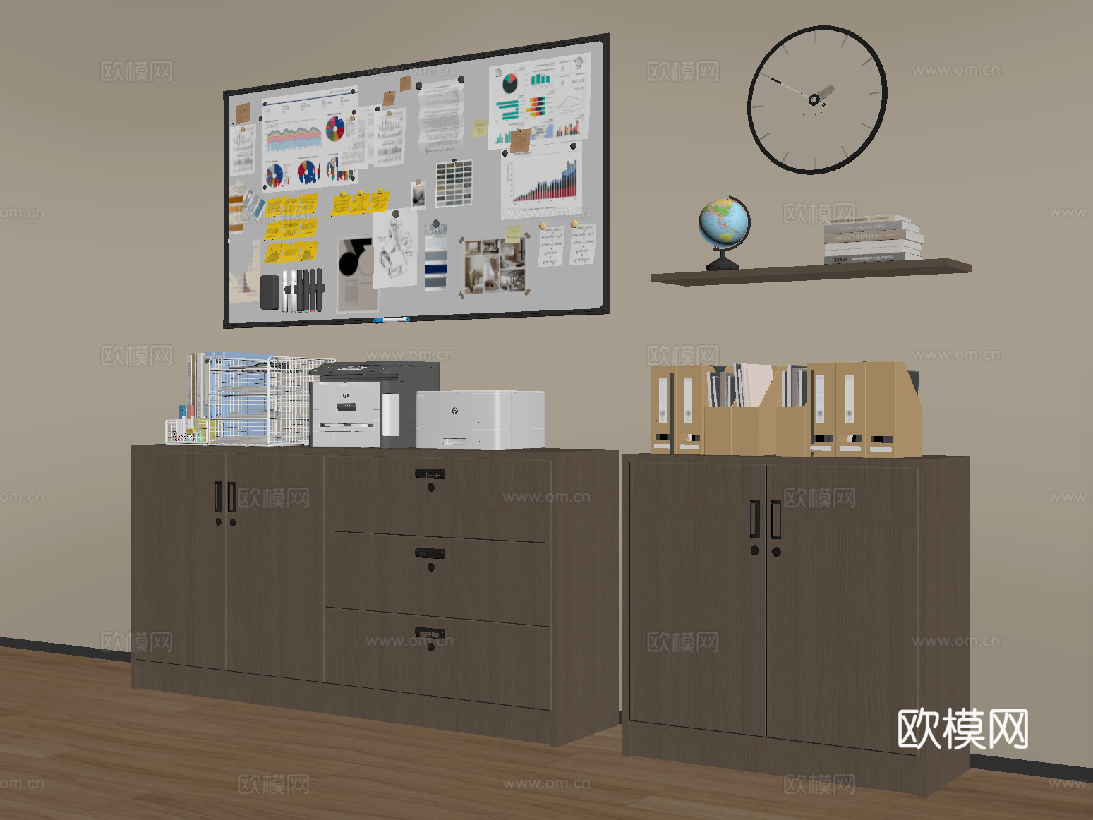 现代文件柜 档案柜 便签墙 打印机 办公用品su模型
