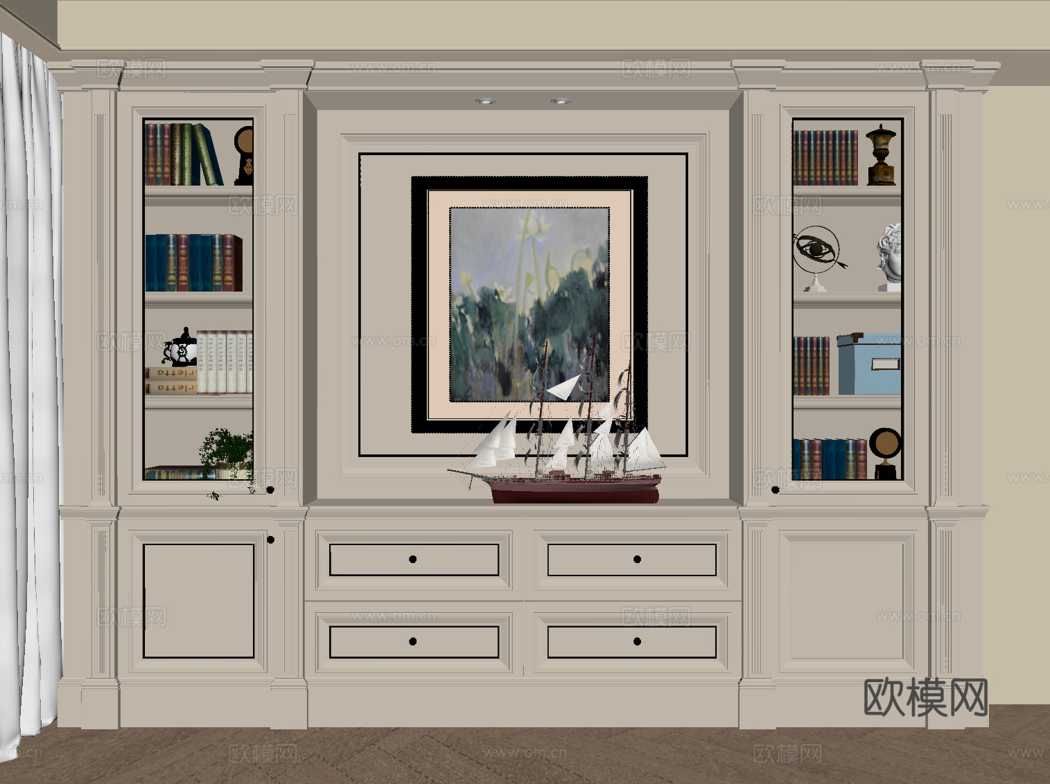 法式奶油风书柜 边柜su模型