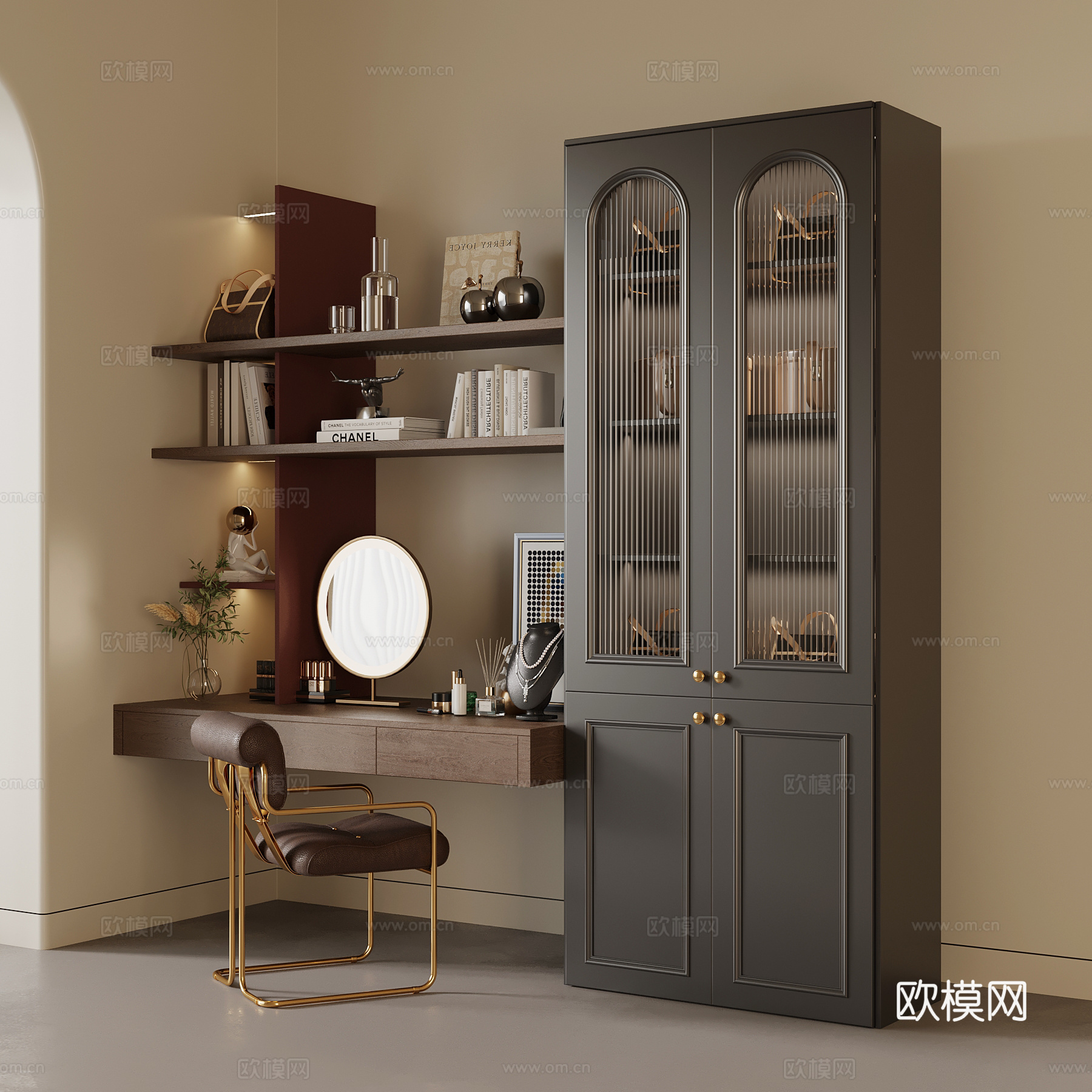 中古风书柜 书桌su模型