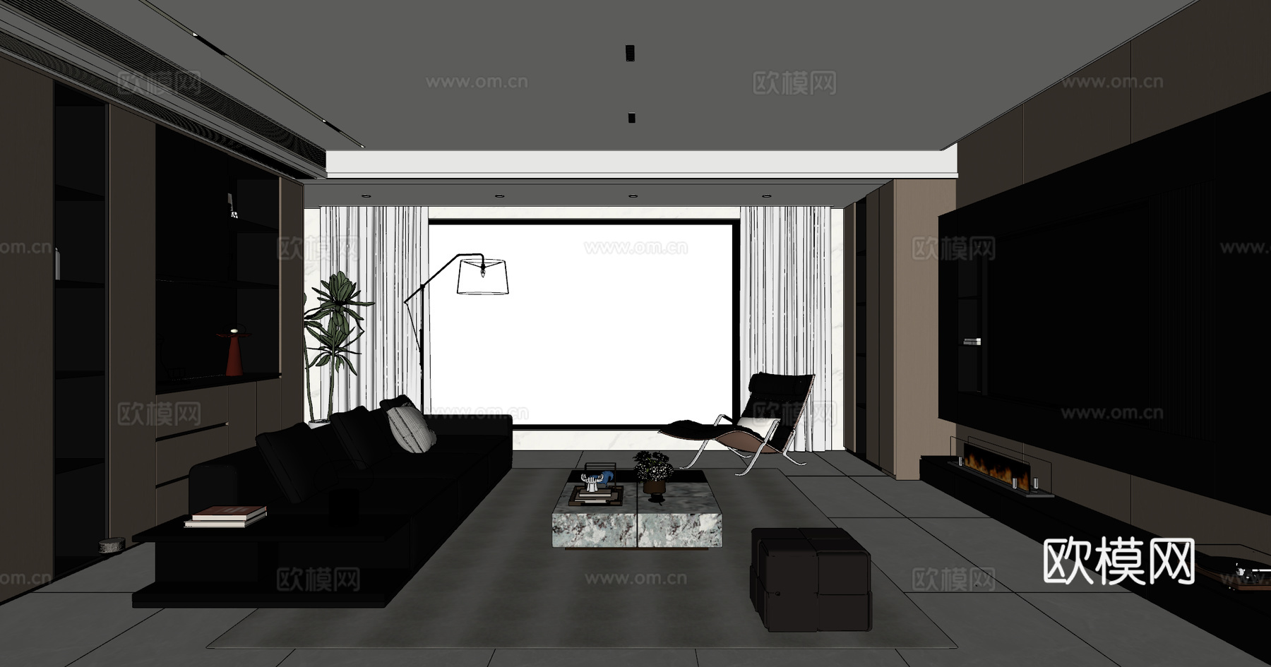 意式黑白灰无主灯客厅su模型su模型
