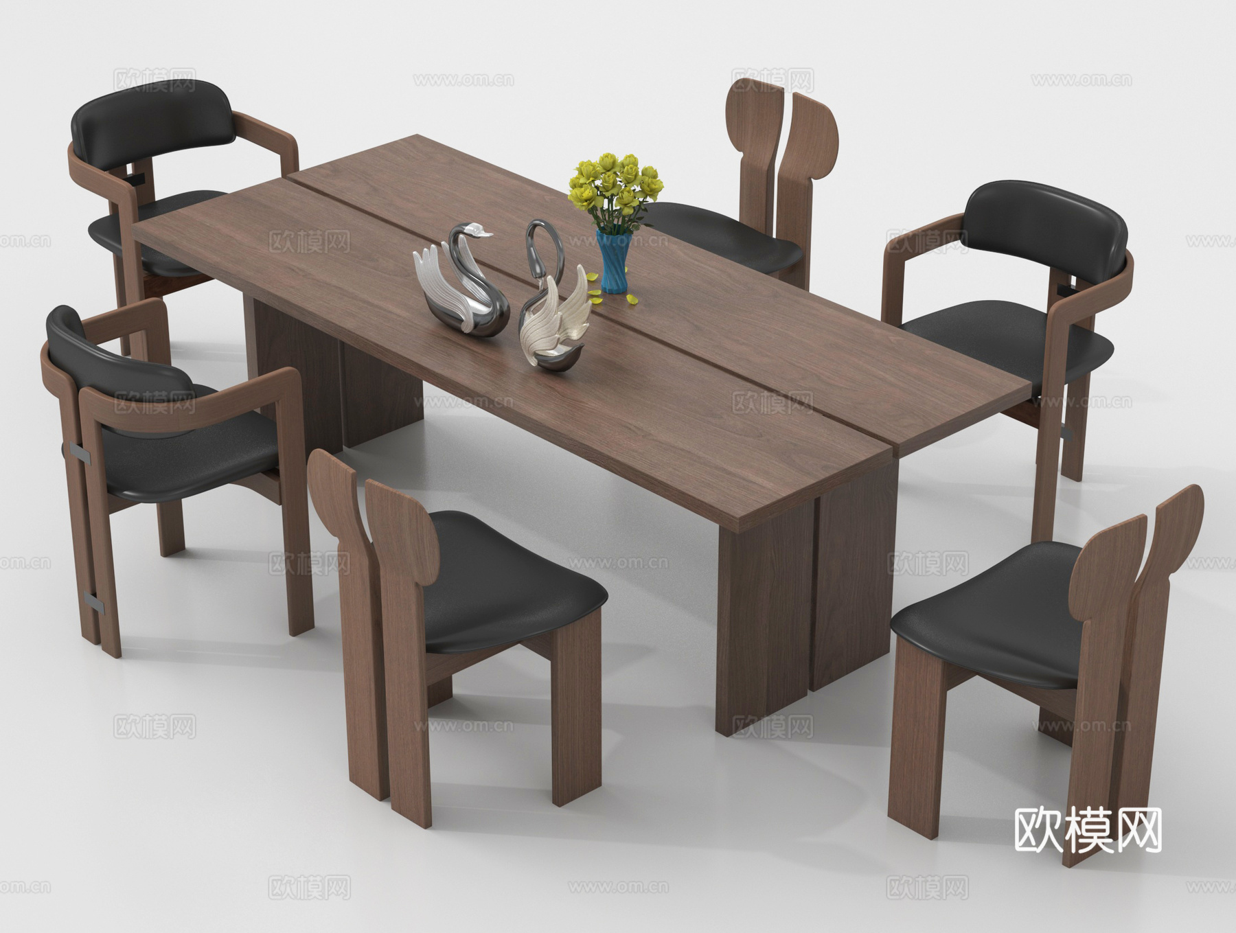 中古风餐桌椅组合 实木桌椅su模型