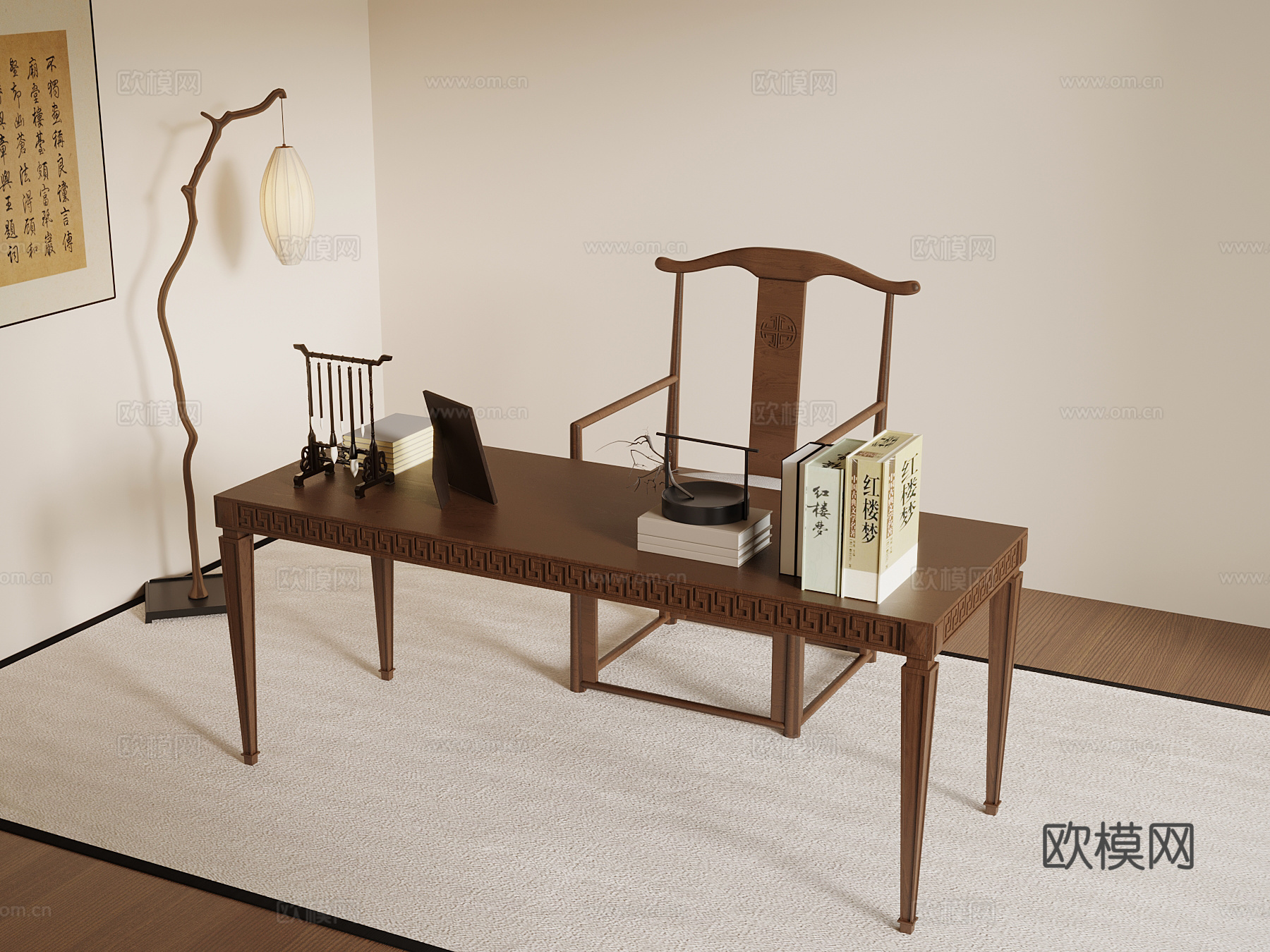 新中式书桌椅 休闲桌椅su模型