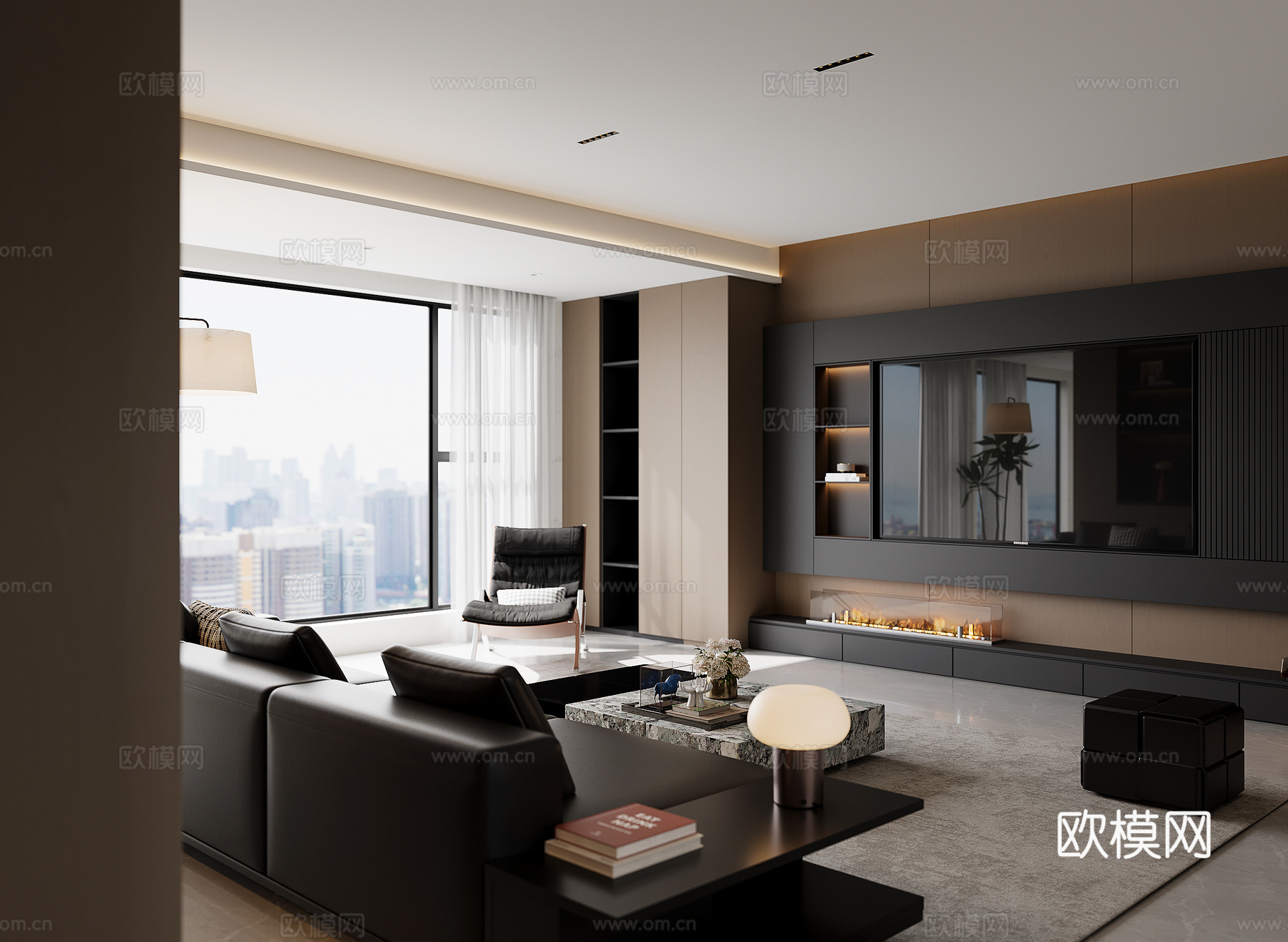意式黑白灰无主灯客厅su模型su模型