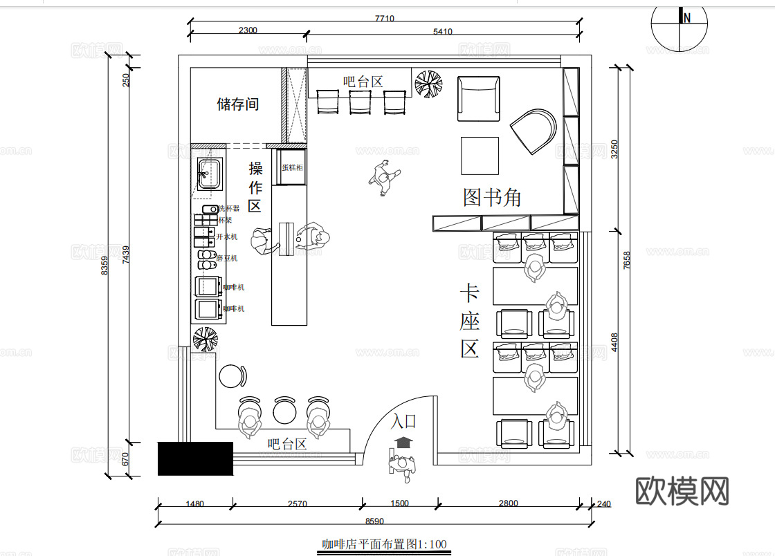 现代咖啡厅平面布局图效果图  咖啡厅平面布局图  咖啡厅平面cad施工图